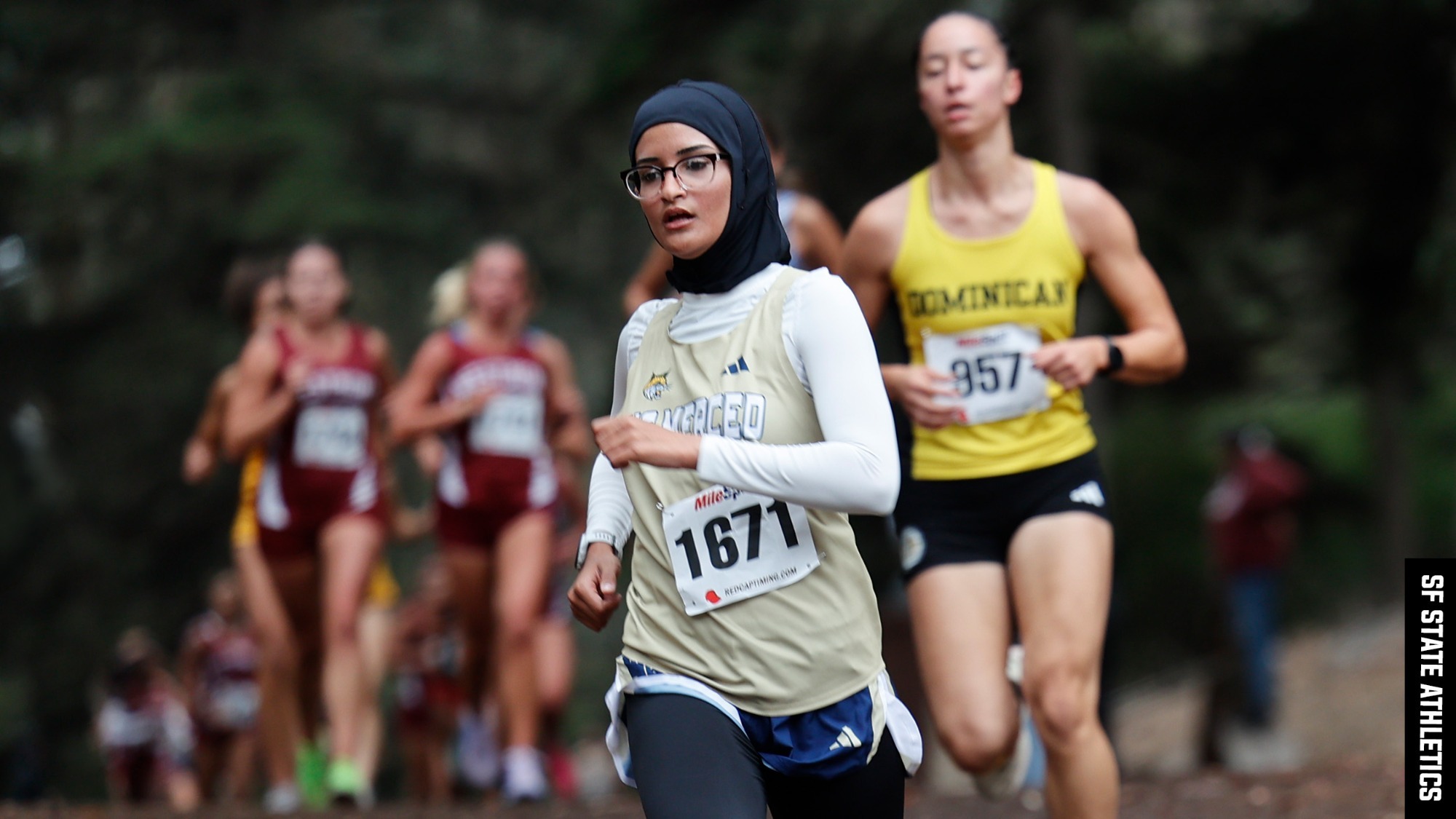 UC Merced Women's Cross Country Runner Maitha Alradaei in front of the pack at the Bronco Invitational on October 17, 2026