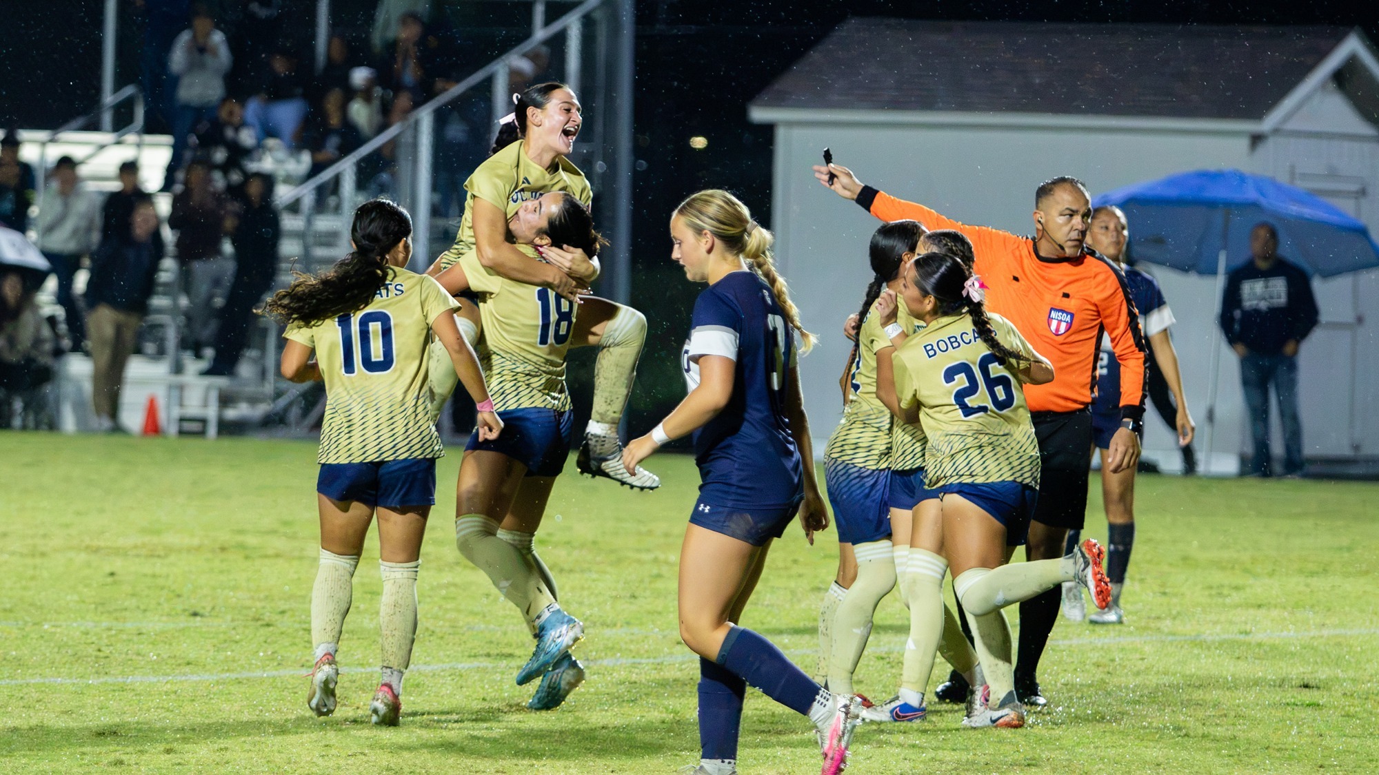 UC Merced Women's Soccer celebrating Zamaya Rivera's game-winning goal on Bobcat Field vs. Menlo College on October 22, 2026.