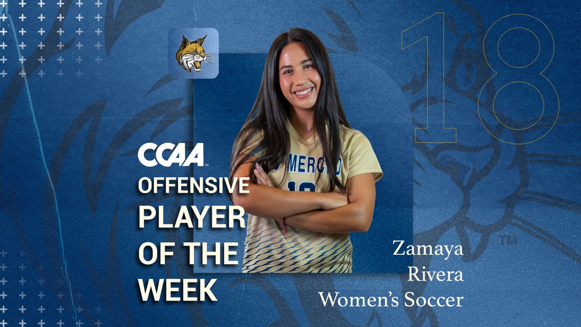 Blue CCAA Offensive Player of the Week Graphic with Winner Zamaya Rivera posed with her arms crossed.
