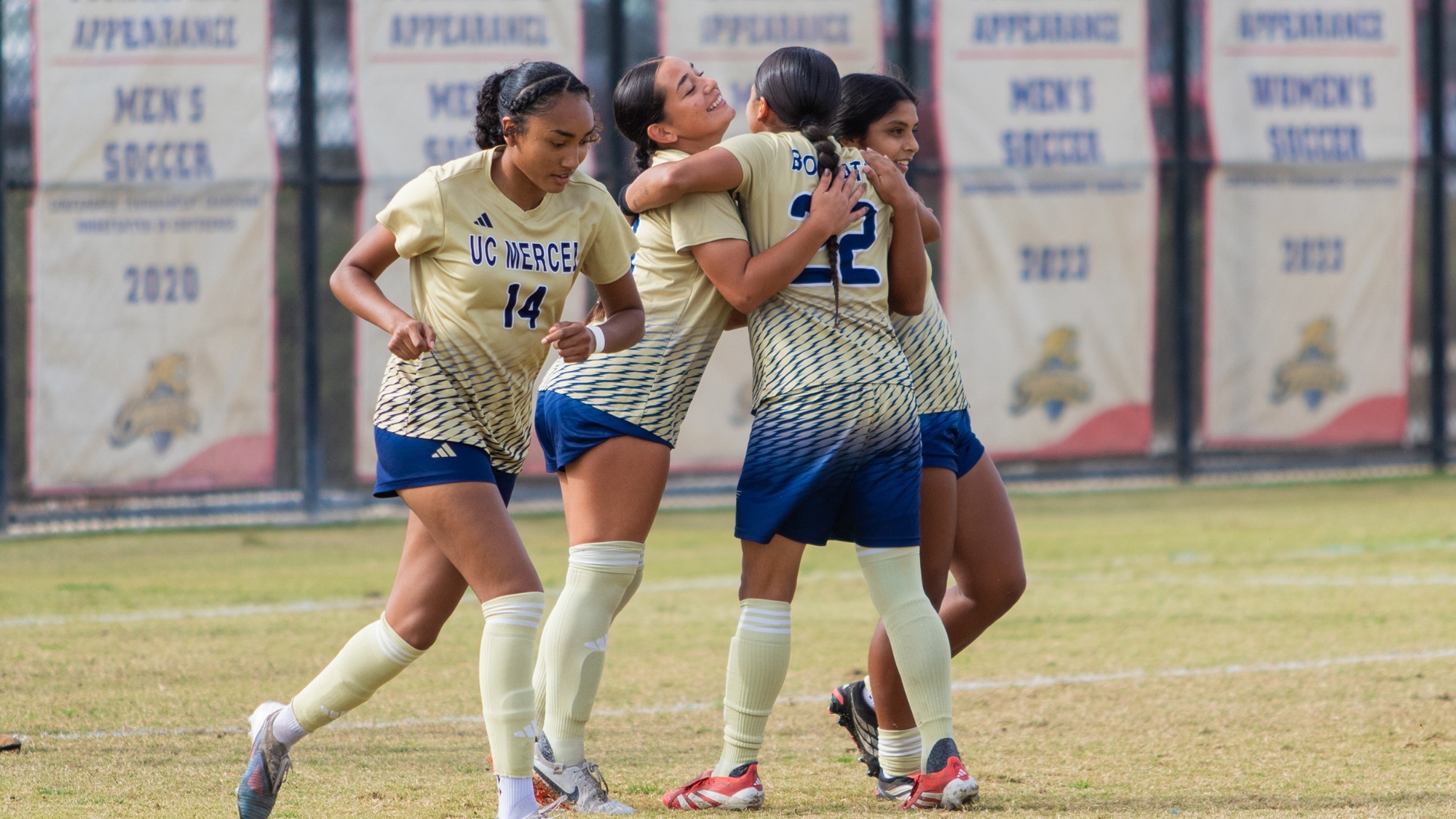 UC Merced women's soccer celebrates a goal on Bobcat Field against San Francisco State on October 29, 2026.