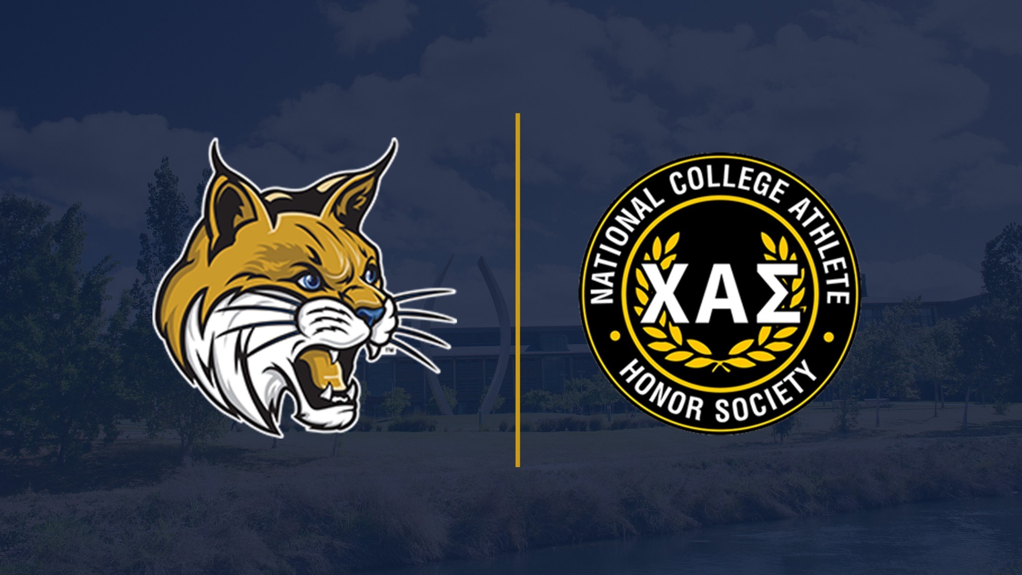 Graphic with UC Merced's Logo and Chi Alpha Sigma's Logo. The campus is in the background