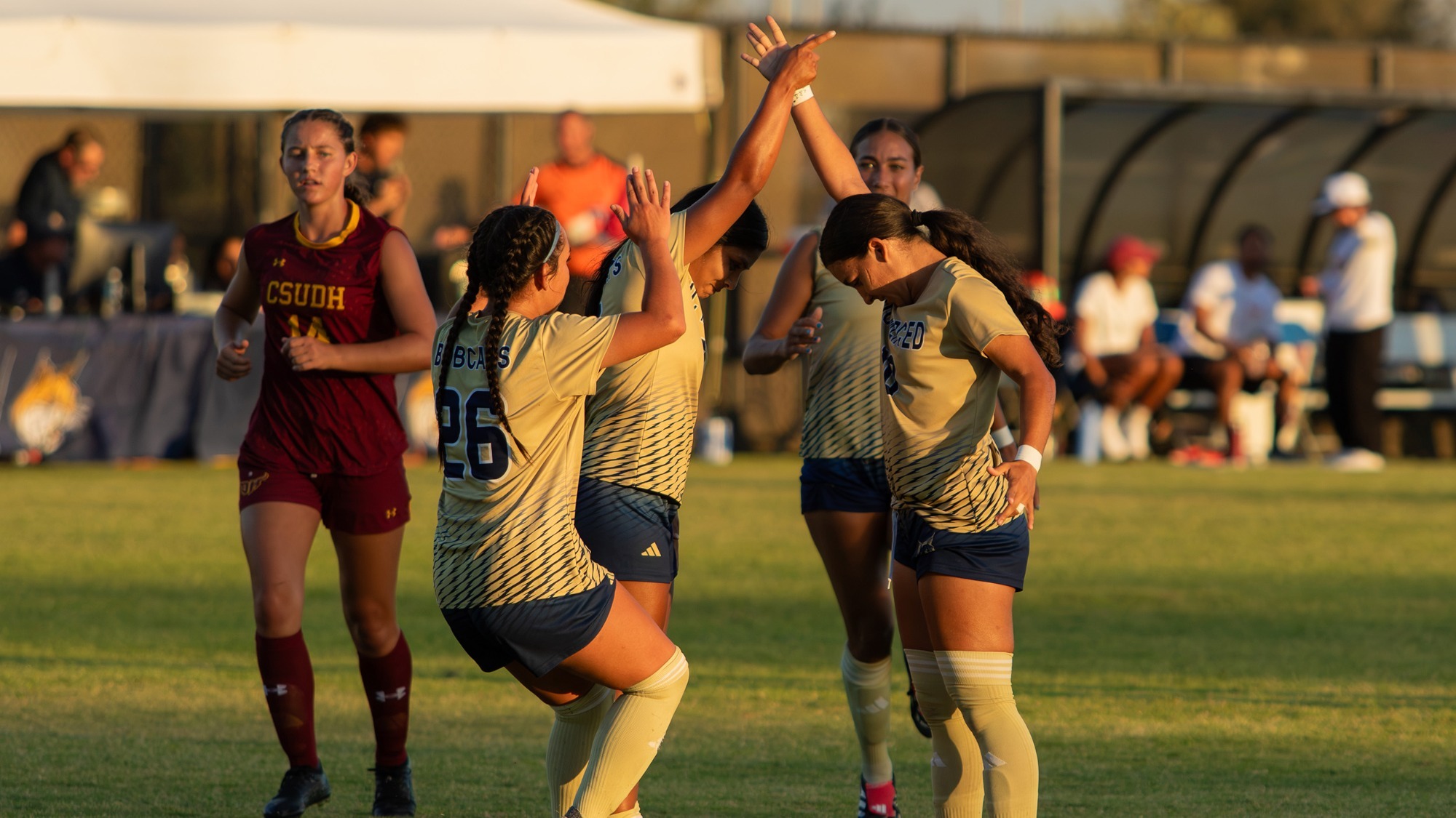Bobcats celebrate a goal against CSUDH in the CCAA Opener on September 18, 2026.
