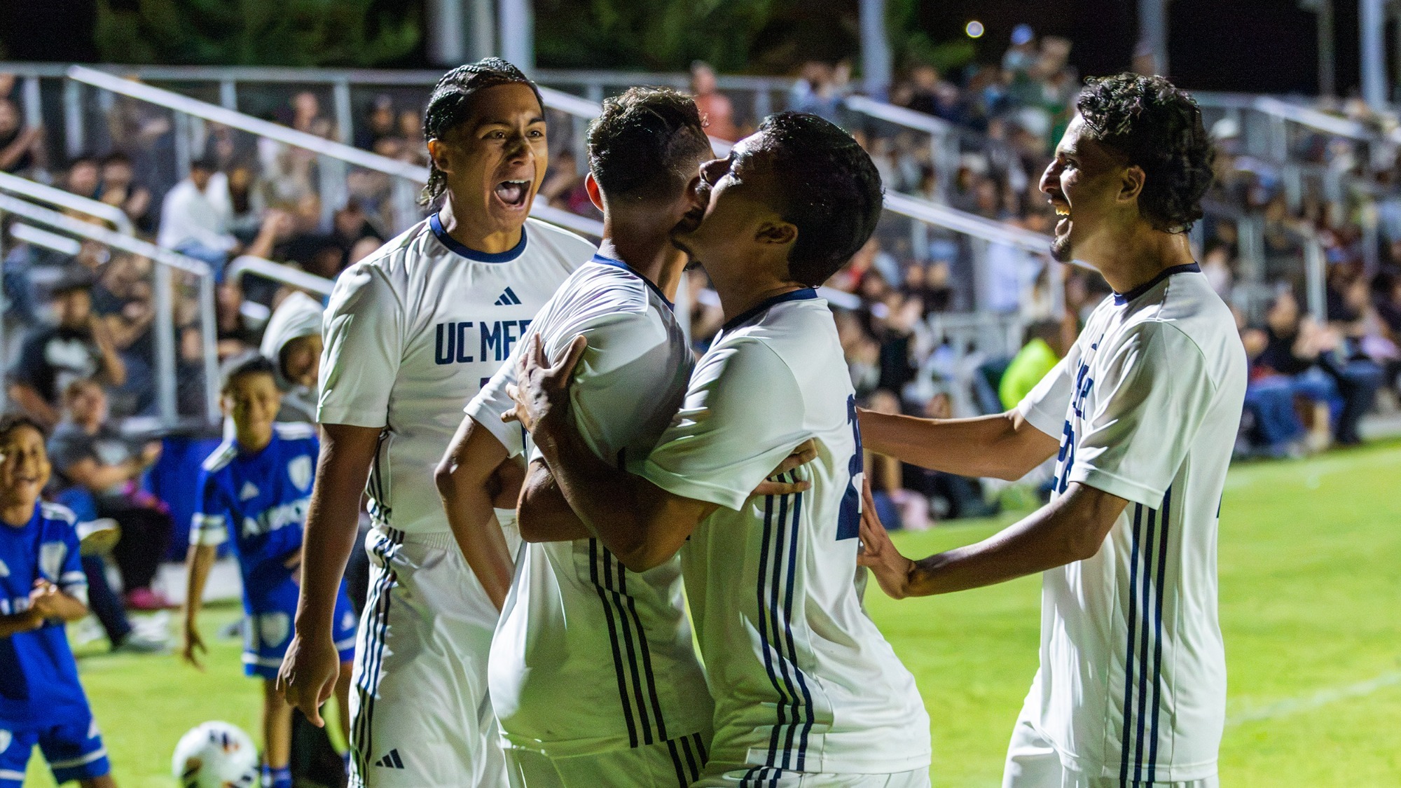UC Merced men's soccer celebrates a goal on Bobcat Field vs. CSUDH on September 18, 2026