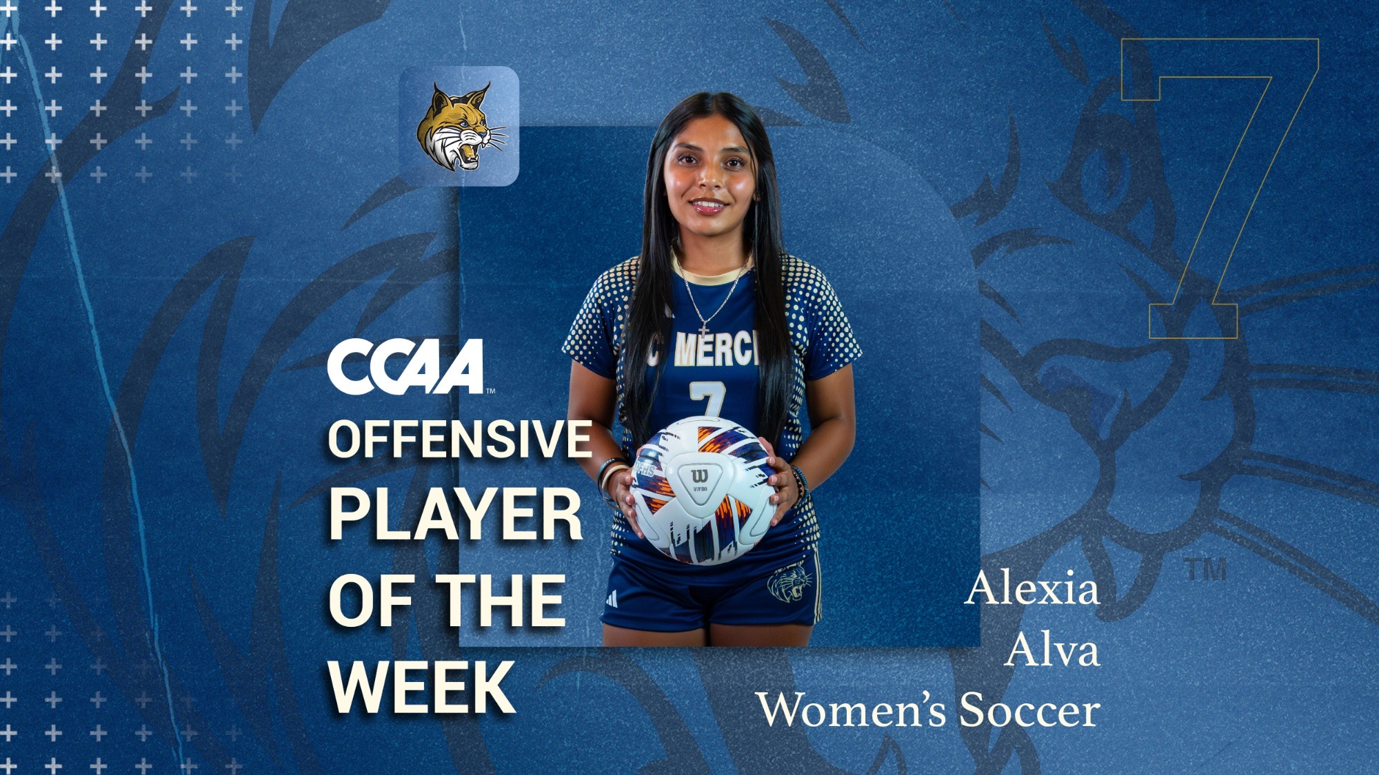 Blue CCAA Offensive Player of the Week Graphic. Alexia Alva is pictured holding a soccer ball