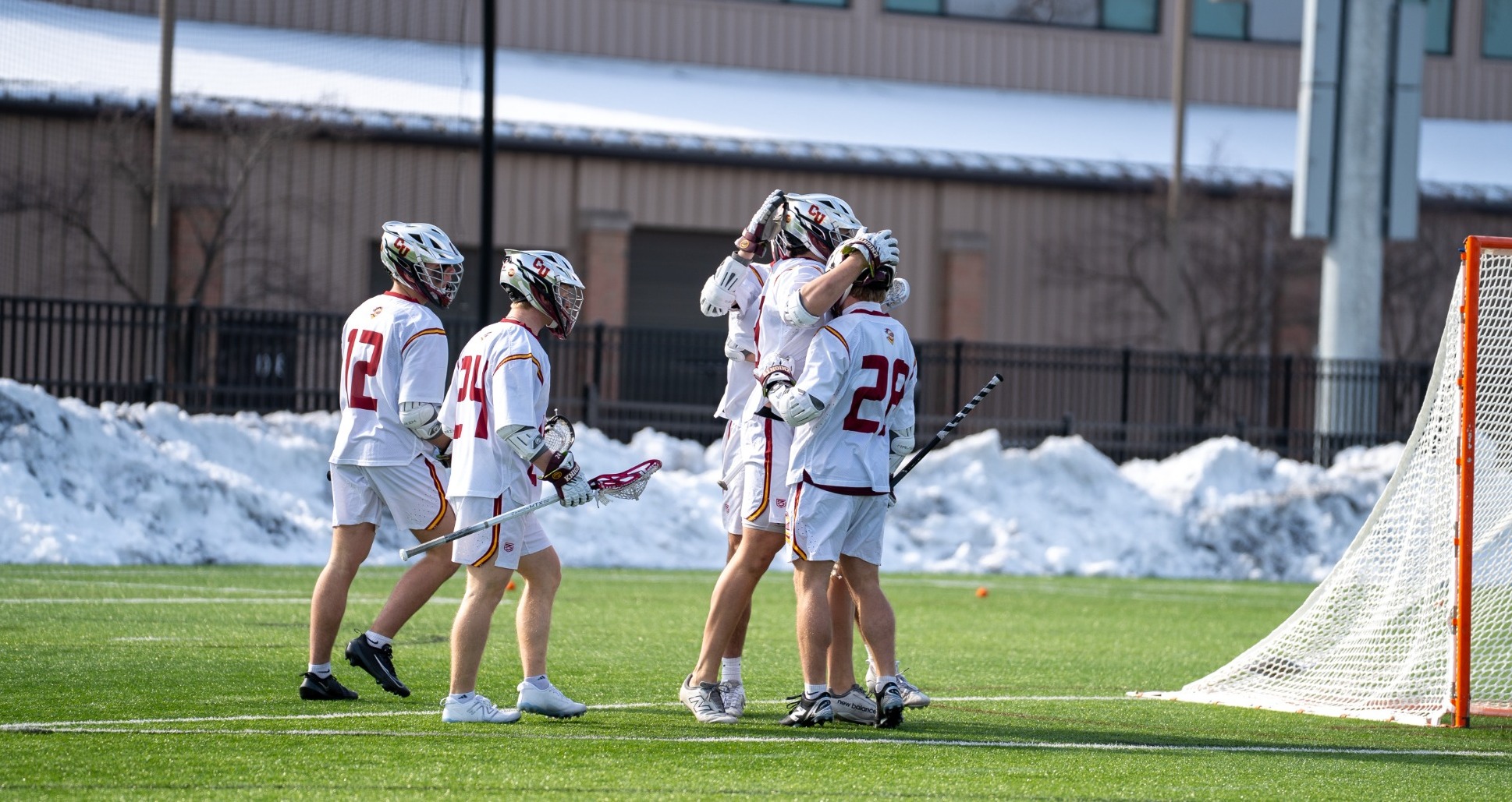 Calvin Men's Lacrosse Celebrates a goal against Capital University - 2-14-26