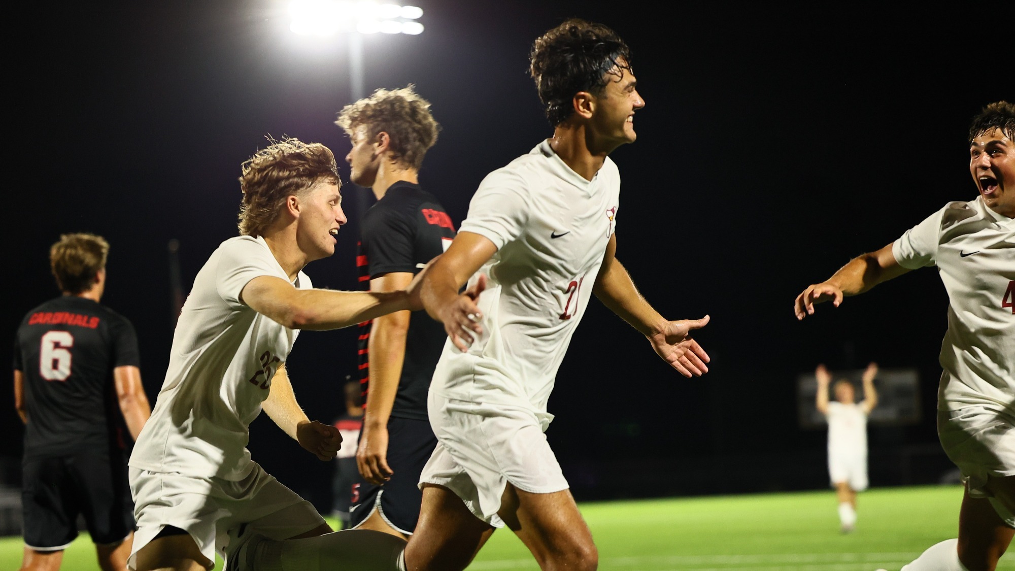 Pol Sabe Celebrates Calvin's Third Goal in a 3-0 Win Over 21st-ranked North Central on 9-16-26