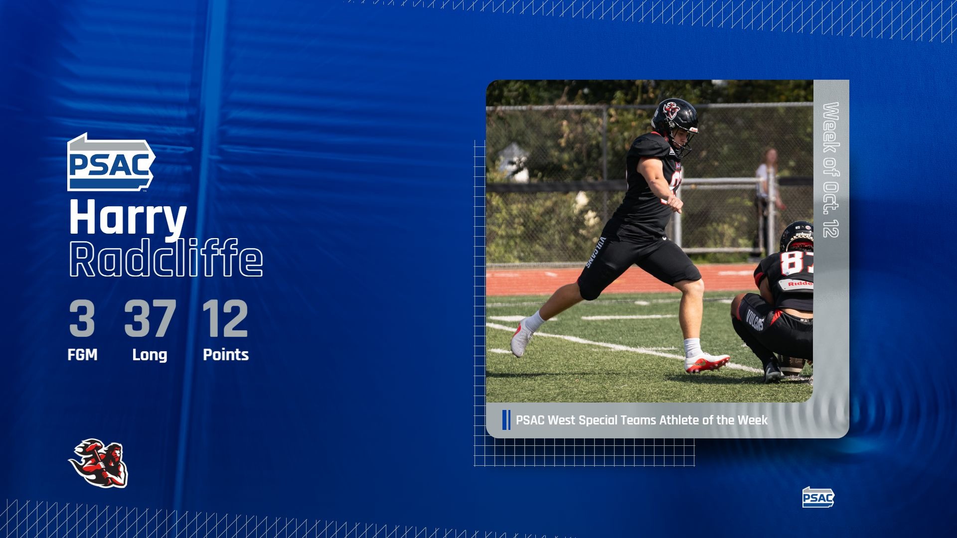PSAC West Special Teams Athlete of the Week graphic for Harry Radcliffe, featuring stats: 3 FGM, 37 Long, 12 Points for Week of Oct. 12.