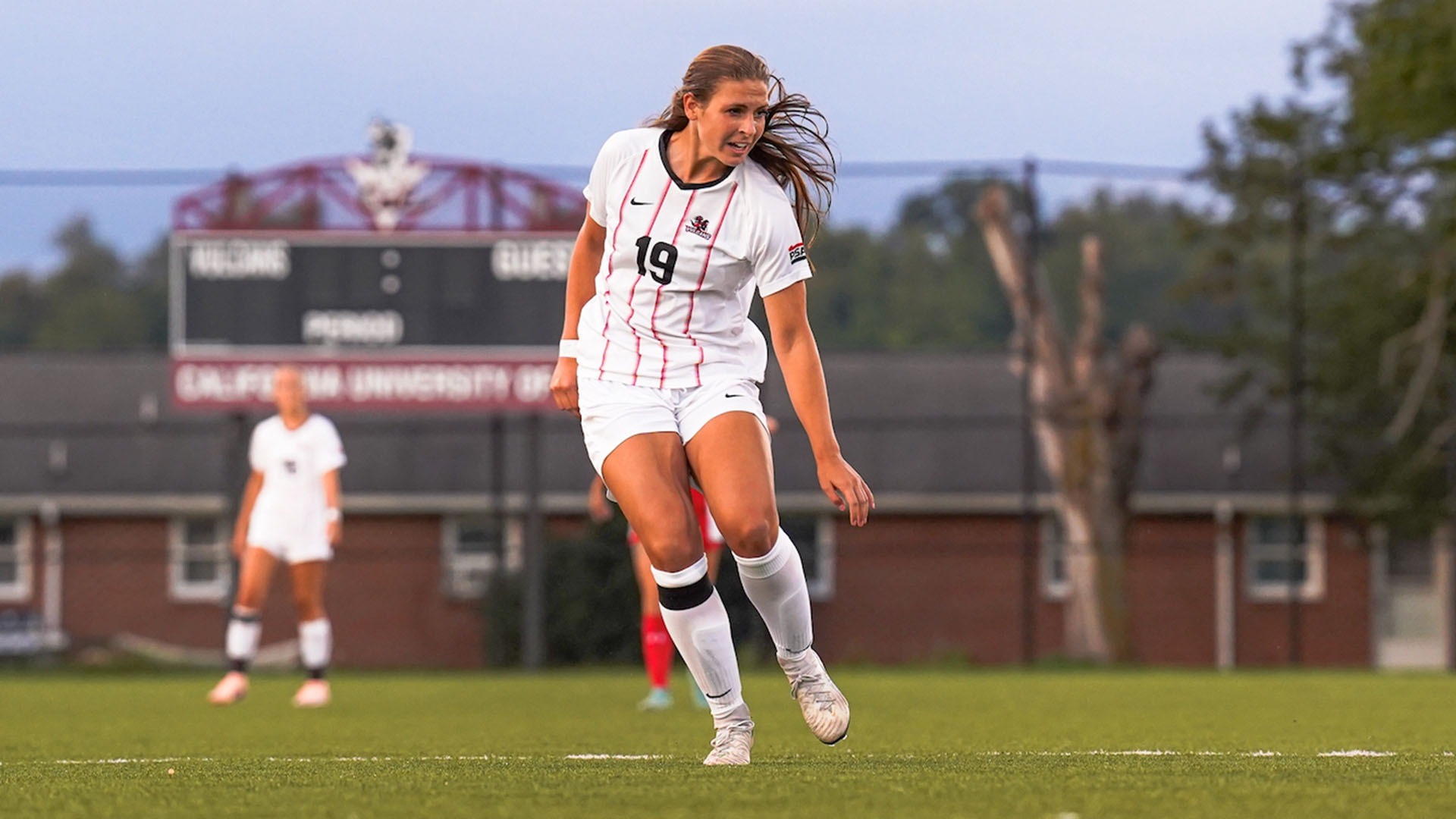 California women's soccer player Alexis Brown (No. 19) moves across the field during action at Phillipsburg Soccer Facility