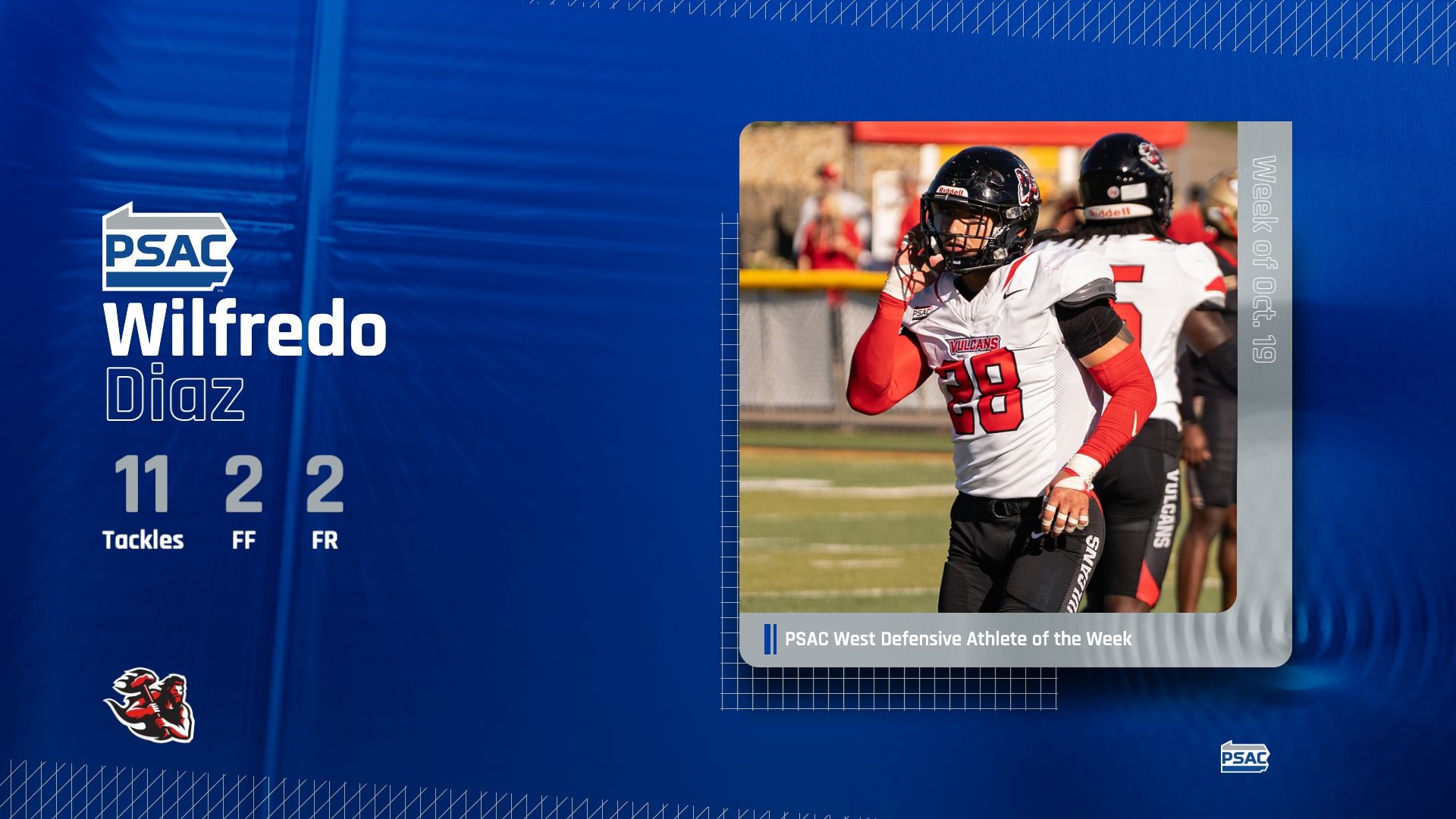 PSAC West Defensive Athlete of the Week graphic for Wilfredo Diaz (Week of Oct. 19) showing 11 tackles, 2 FF, 2 FR, and photo on field.