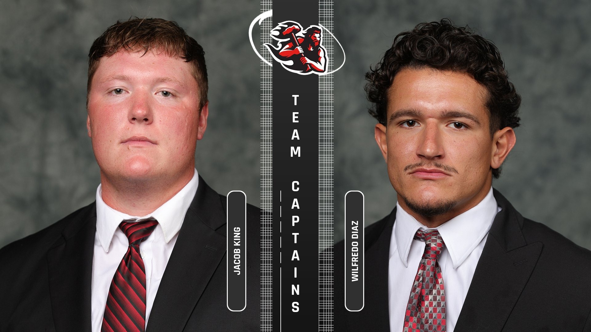 Graphic featuring football team captains Jacob King and Wilfredo Diaz with the team logo and the text 