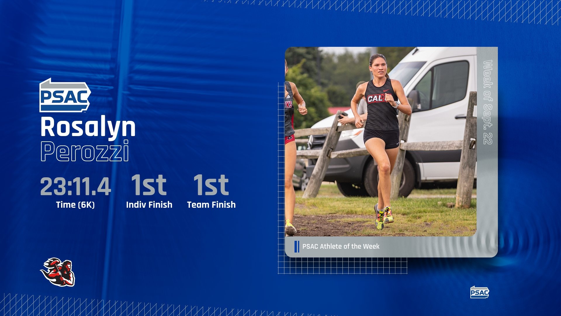 PSAC Athlete of the Week graphic celebrating Rosalyn Perozzi (23:11.4 6K time, 1st indiv/team finish) with a photo of her running cross country.