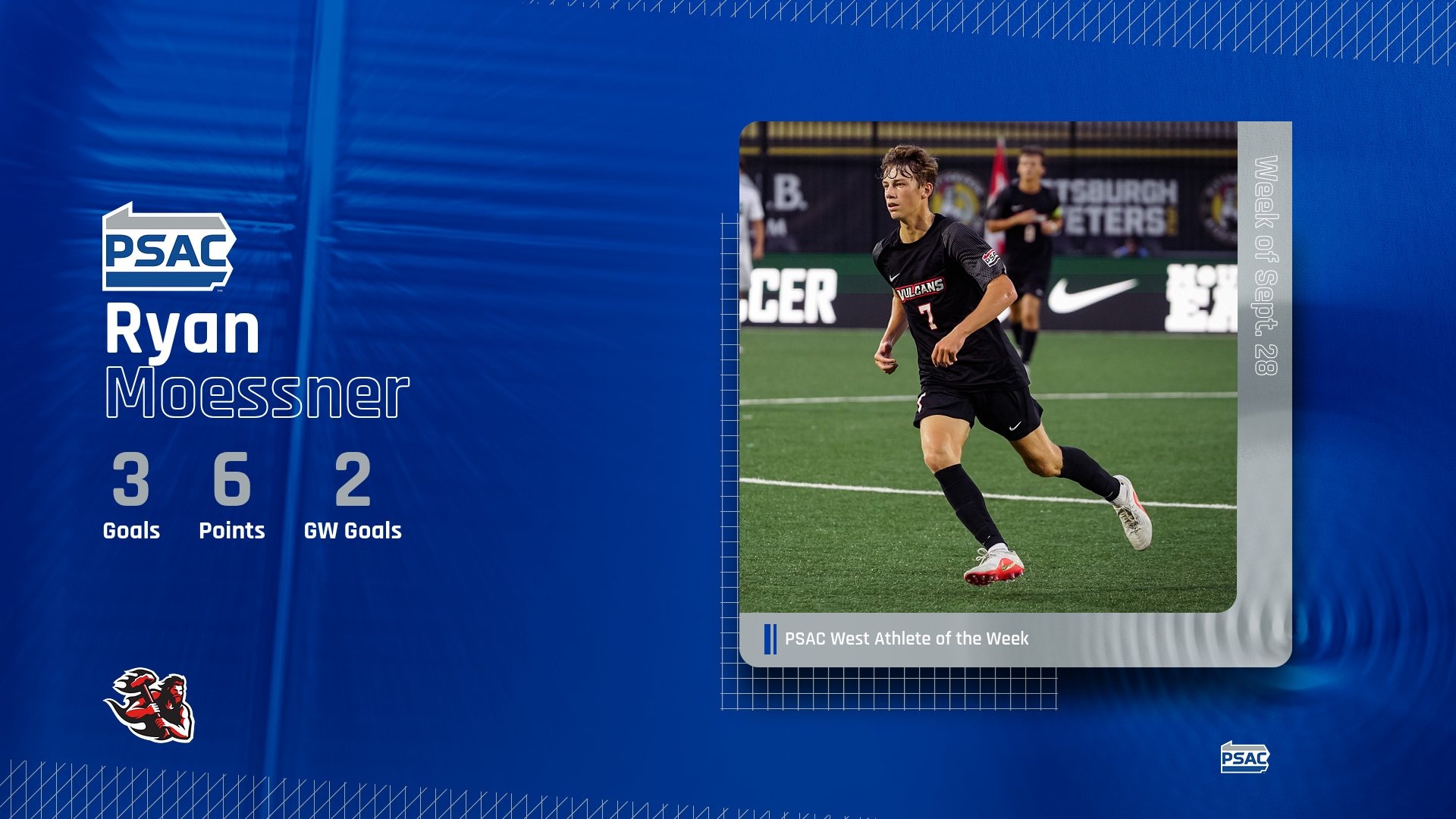 PSAC West Athlete of the Week graphic for Ryan Moessner, highlighting 3 goals, 6 points, and 2 game-winning goals for the week of Sept. 28.