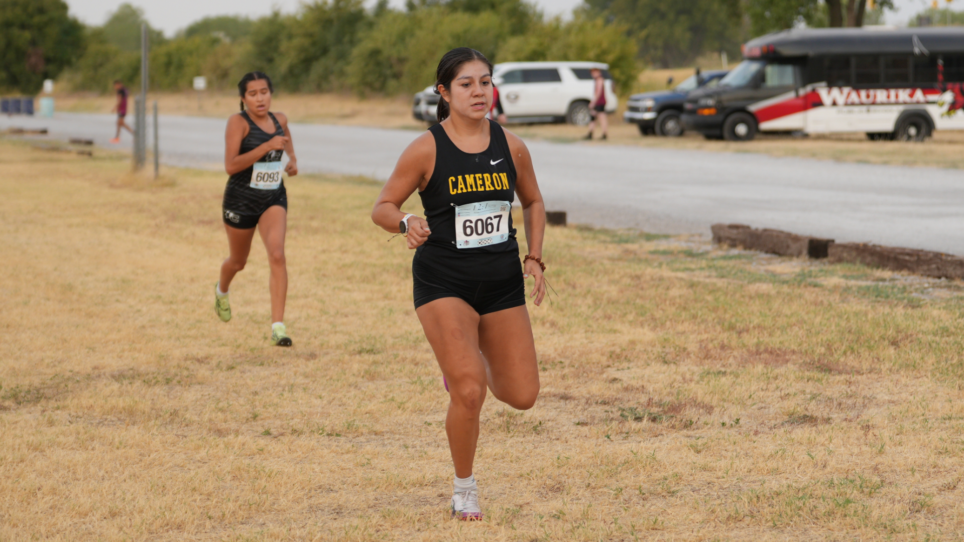 A Cameron University women's cross country runner wearing a black and gold uniform with bib number 6067 competes on a grassy course, with another runner following behind.