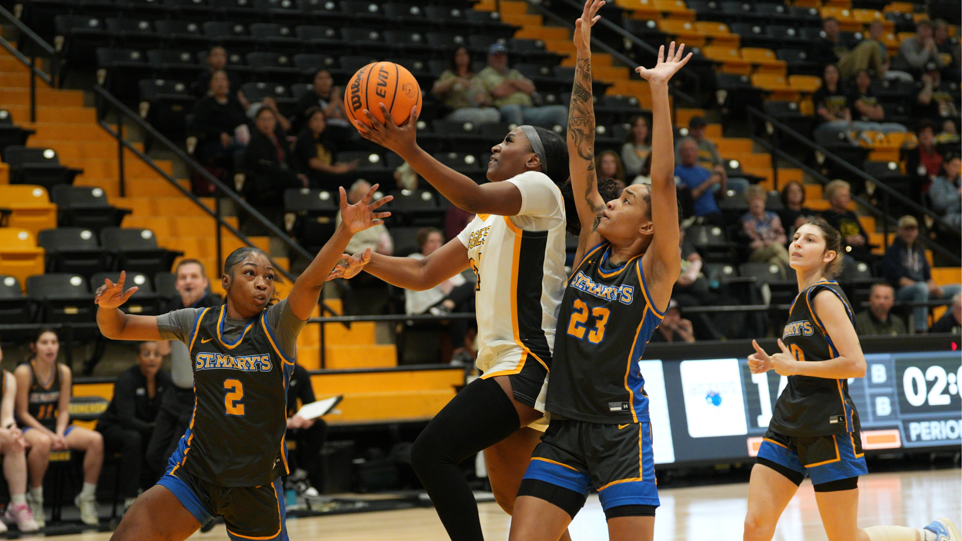 Cameron Women's basketball player driving to the basket through defenders