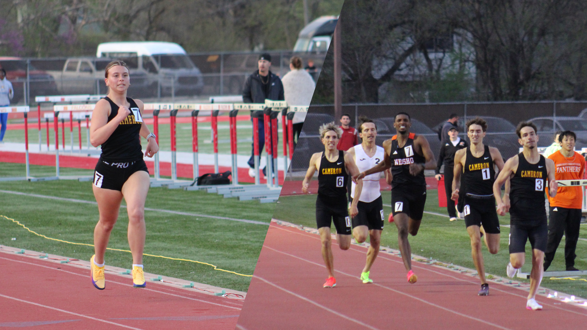 T&F Britney Mackey and runners Cyprien Bille, Arnau Pujols, and Adria Estevez-Bosch running in events.