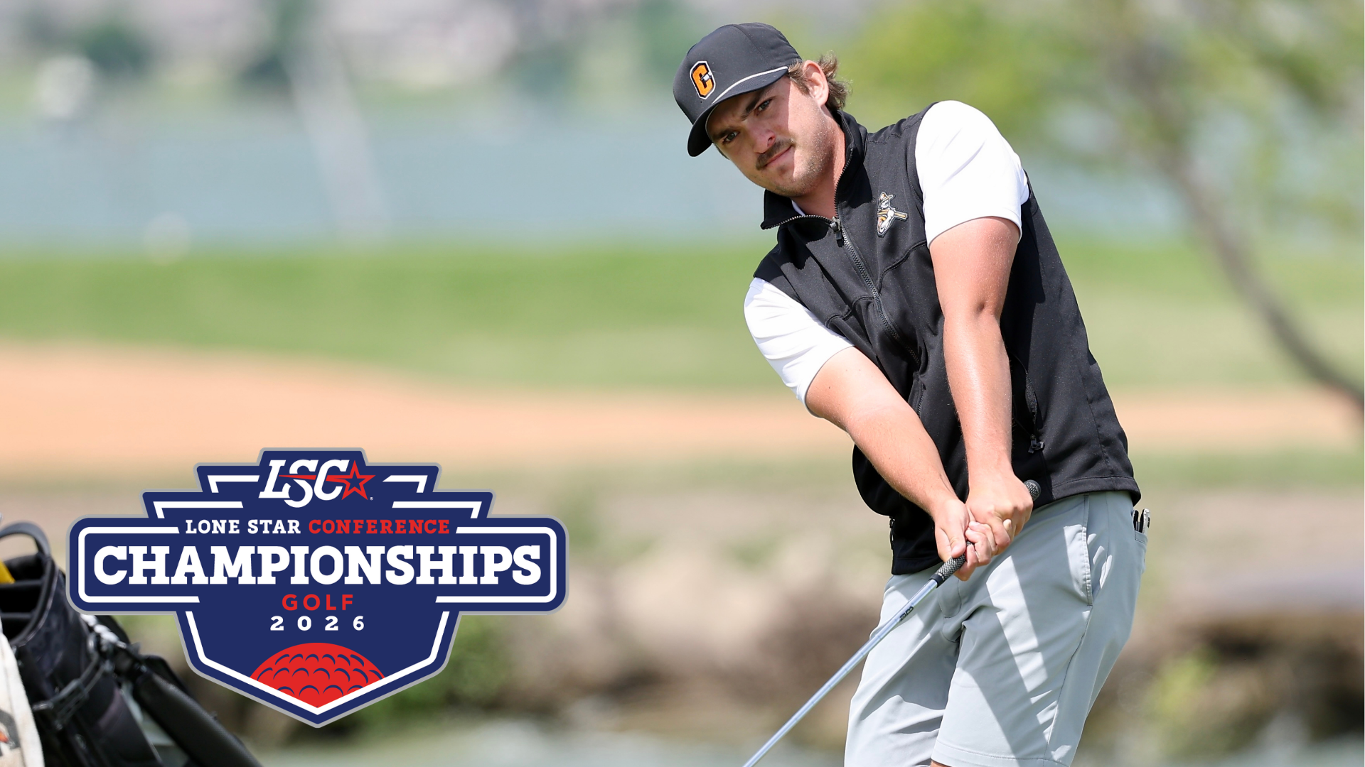 Cameron men's golfer Rory Gorman chips a shot at the Lone Star Conference Championships Golf 2026