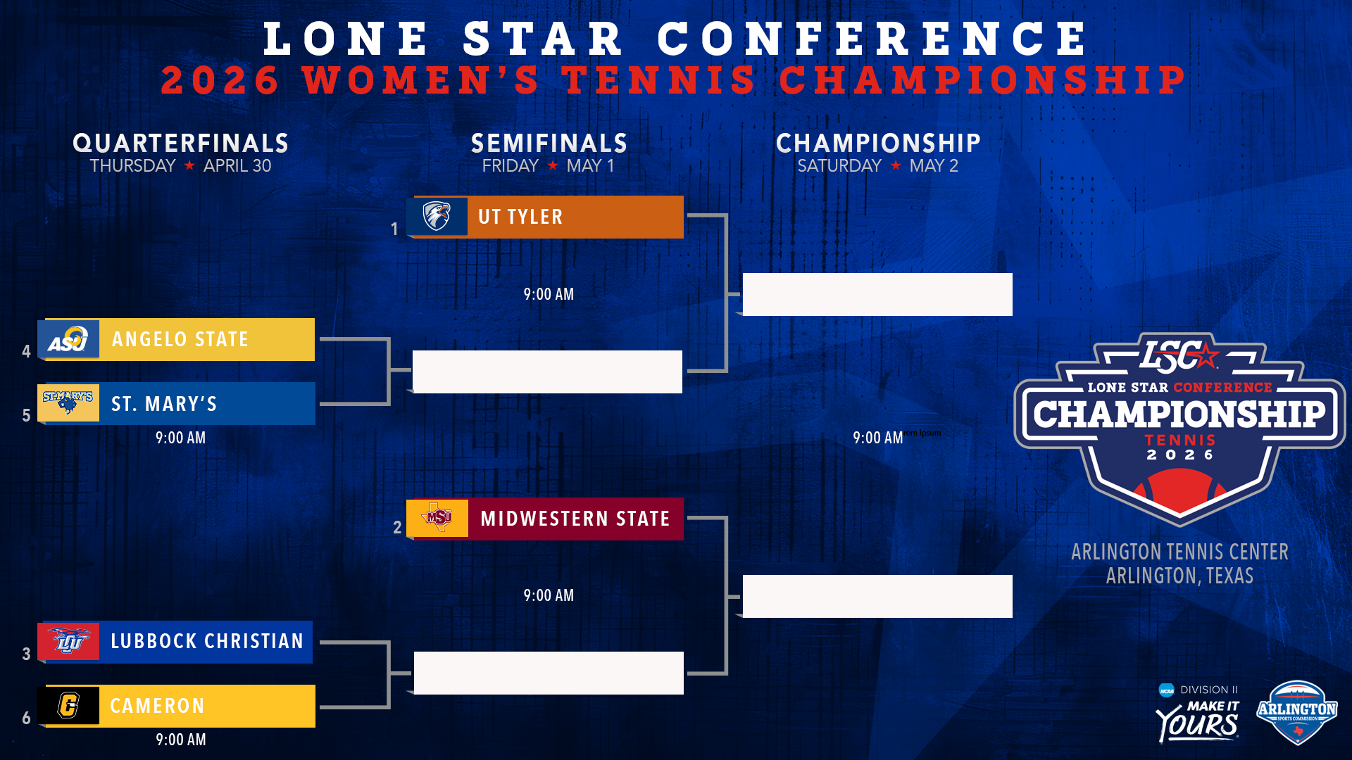 2026 Lone Star Conference Women’s Tennis Bracket with Blue Background