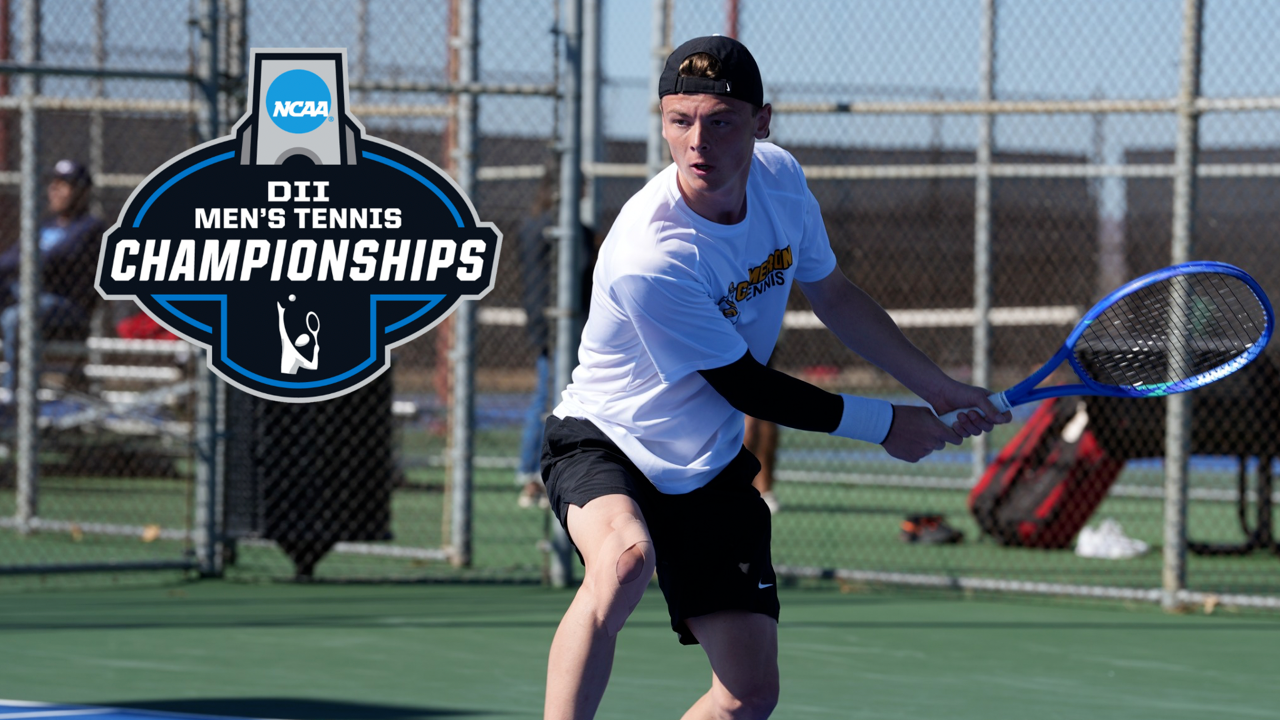 Cameron Tennis Player Tom DeBonne hitting backhand. NCAA D2 Tennis Championship Logo included