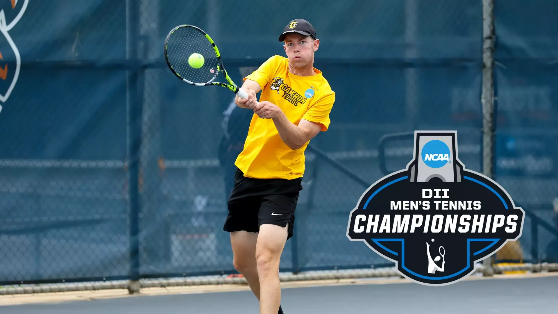 Men's Tennis Player Noe Milliard swings racket at South Central Regional match of 2026 NCAA DII Championships 