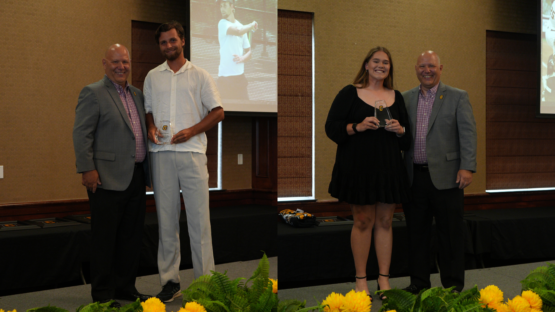 Athletic Director Lou Izzi Posing with Male Athlete of the Year Lukas Janousek and Female Athlete of the Year Haley Gardella