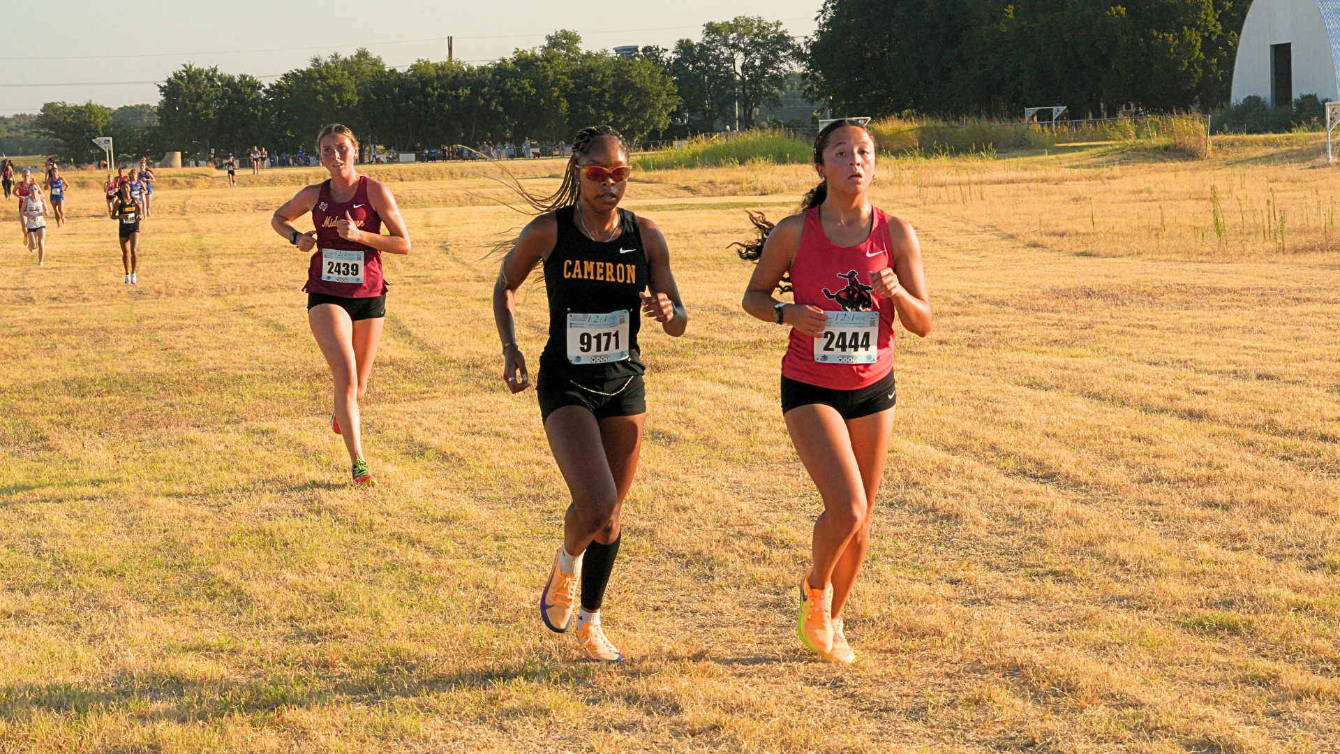 Cameron University women’s cross country runner competes alongside two other runners during a race on a sunlit grass course.
