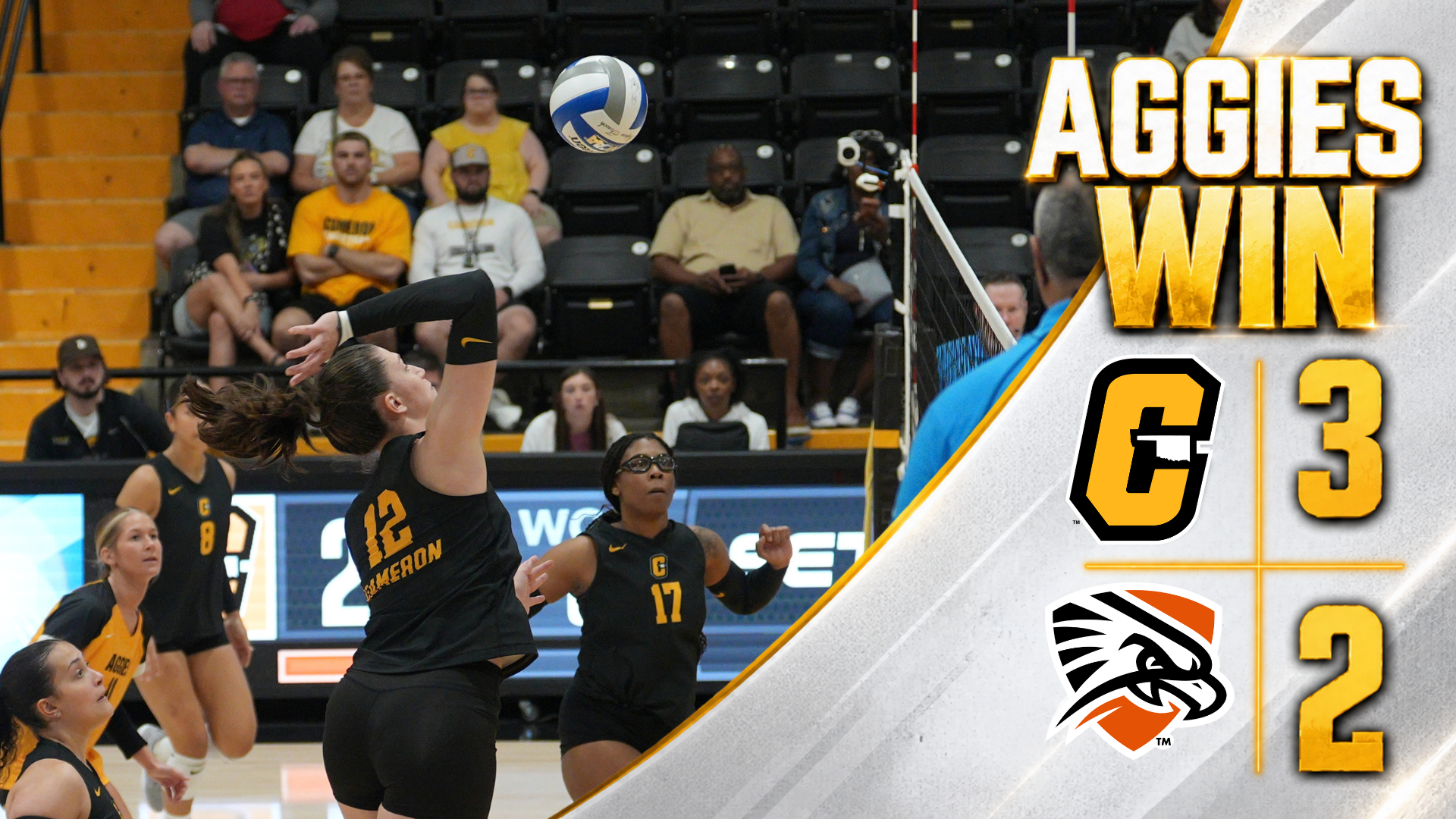 Cameron Volleyball “Aggies Win” graphic featuring an action photo of a Cameron player attacking at the net. Final score shows Cameron defeating UT Permian Basin, 3-2.