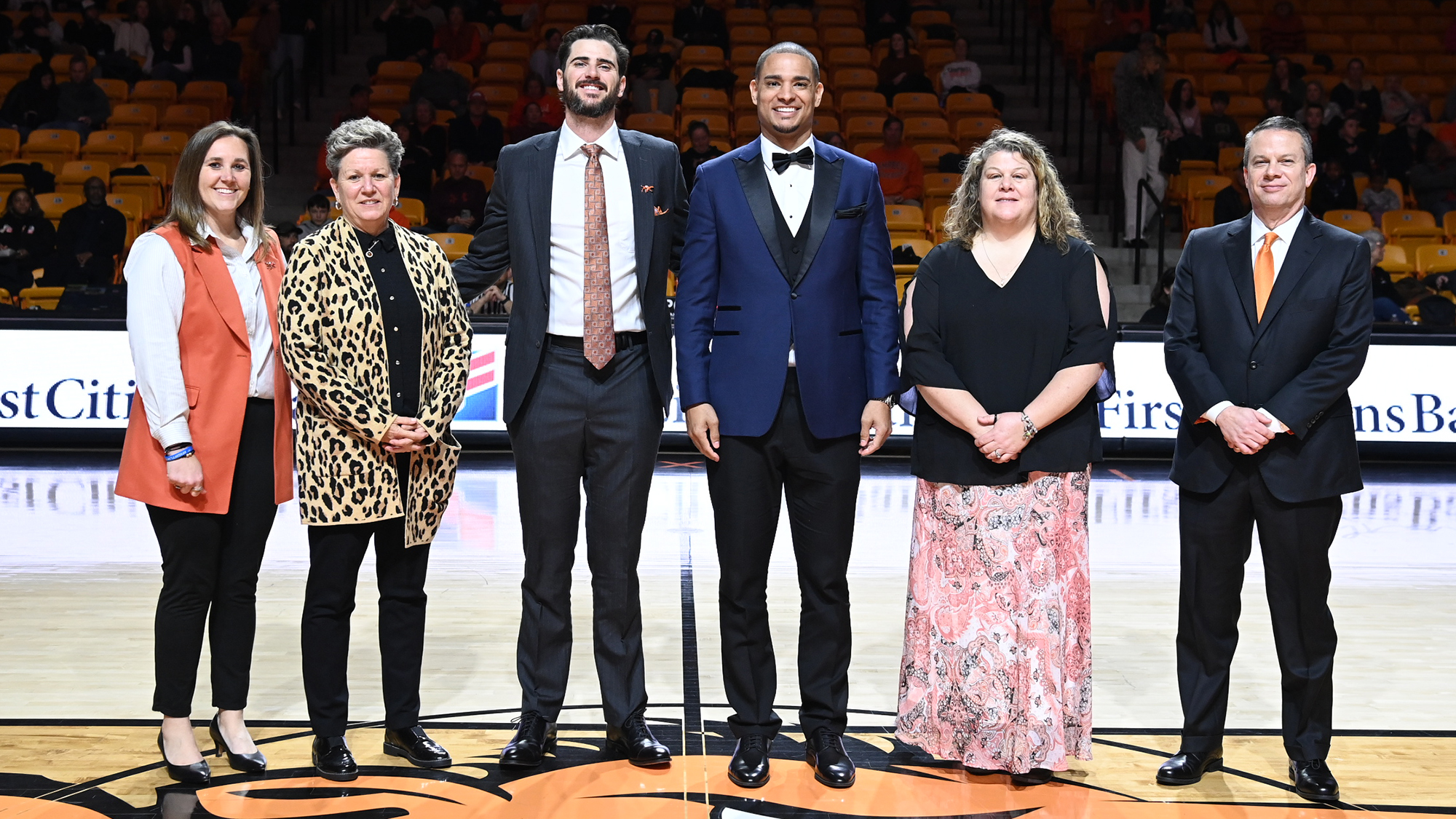 2026 Hall of Fame Induction Class (from left) Director of Athletics Hannah Bazemore, Mary Weiss, Ryan Thompson, Jonathan Rodriguez, Martha Covington, President William Downs