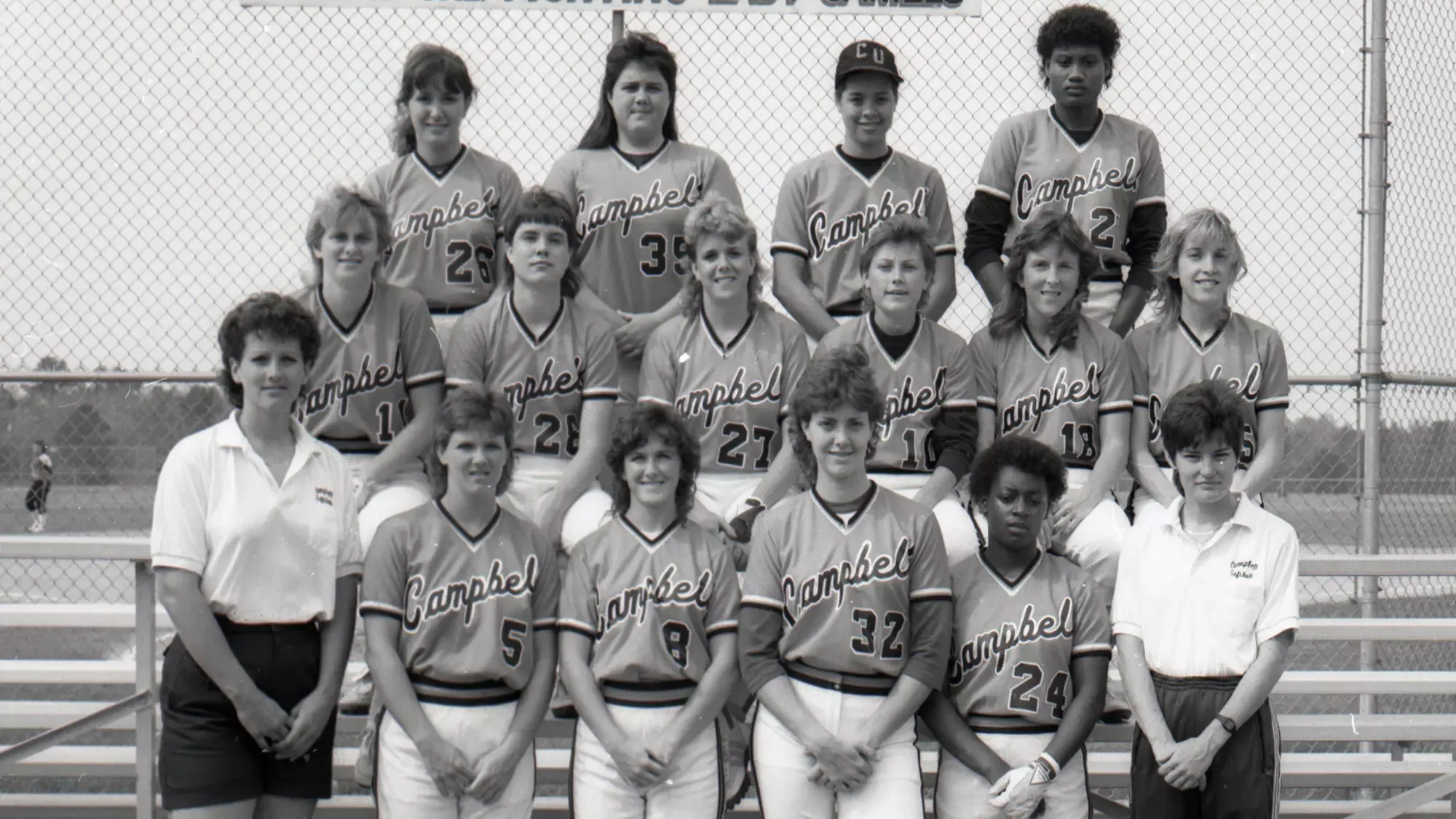 1986 Campbell Softball Team
Front row (left-right): Head Coach Ronda Mueller, Edna White (5), Amy Howard (8), Linda Taylor (32), Regina Wilkes (24), Assistant Coach Leslie Bunn 
Middle: Angie Taylor (11), Kim Edmondson (28), Felecia Owen (27), Carol Wynne (10), Trisha Boyd (18), Ruth Marks (25)
Back: Kris Olgiati (26), Jan Faulkner (35), Kris Au (6), Antionette Matthews (20)