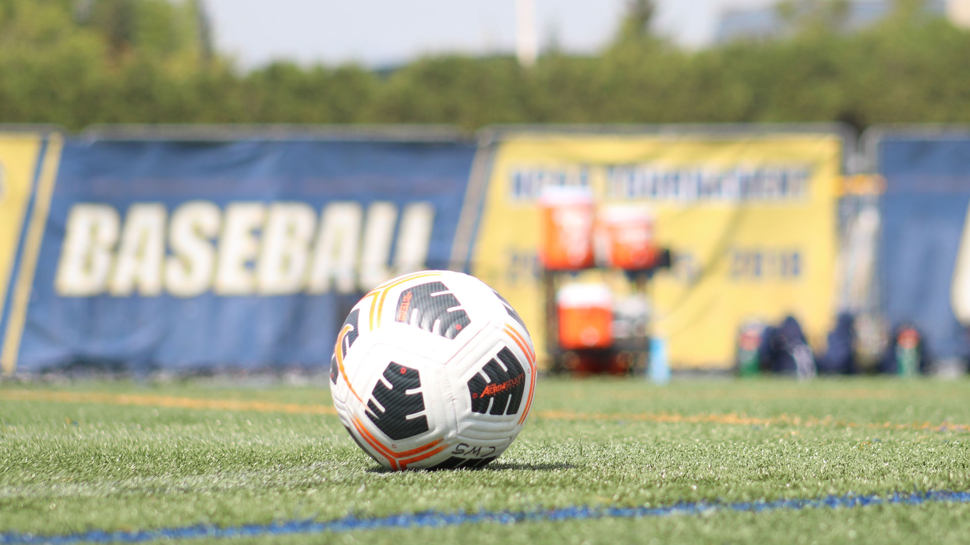 Women's Soccer ball on the turf of the Demske Sports Complex.