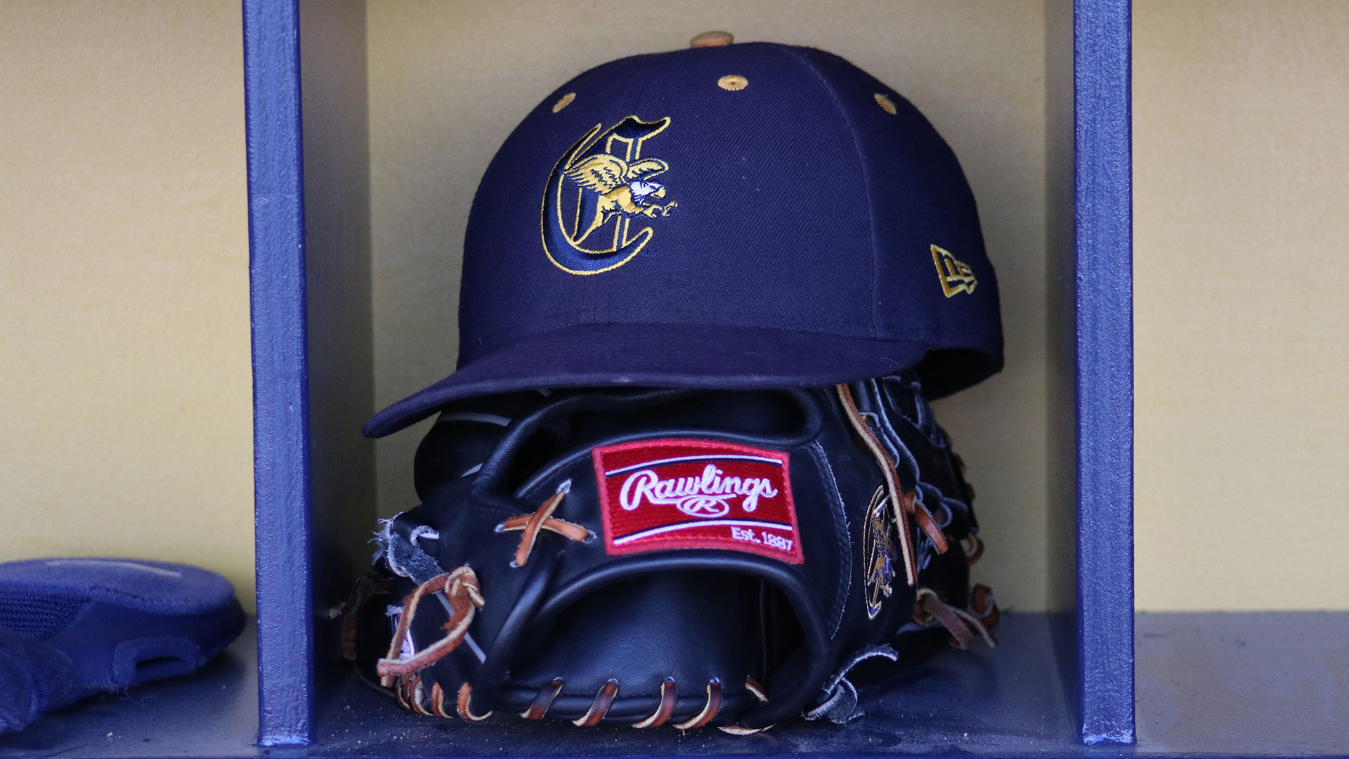Canisius baseball hat sitting on top of baseball glove that has a Canisius logo embroidered in it.