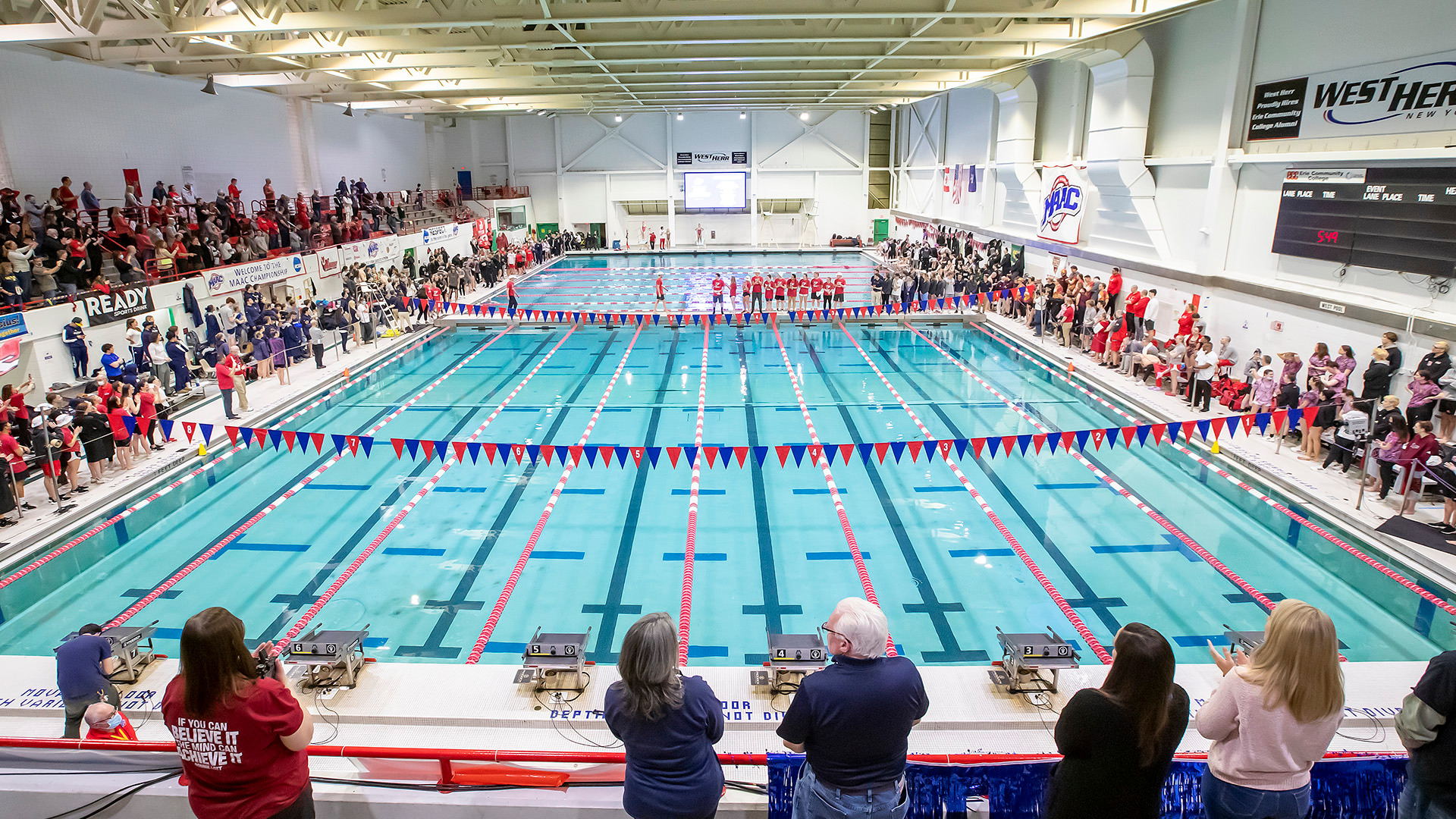 A photo before the start of the 2022 MAAC Swimming Championship at the Flickinger Center Pool in Buffalo, N.Y.
