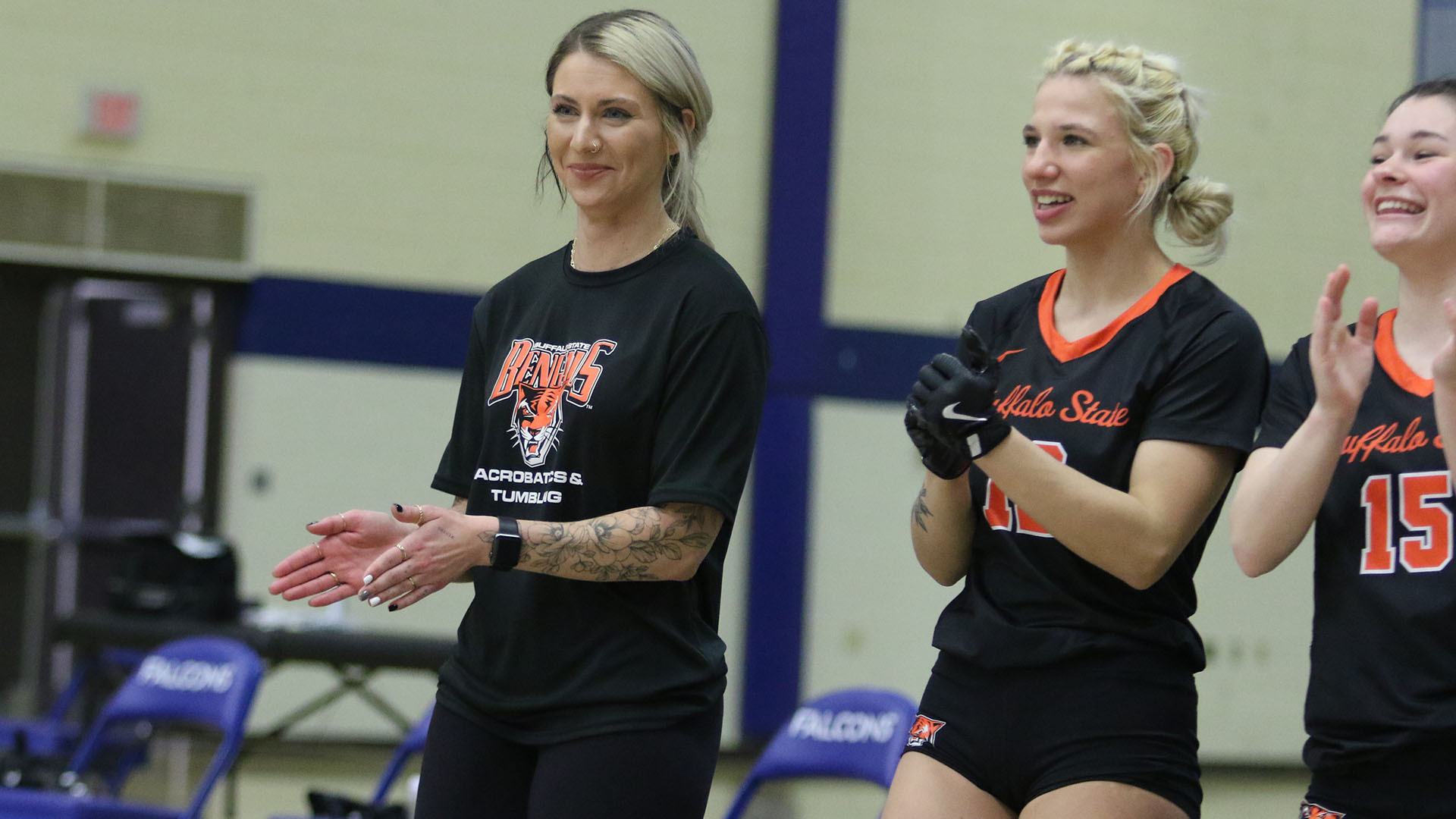 Mel Goulding coaching the Buffalo State acrobatics and tumbling team in an undated photo.