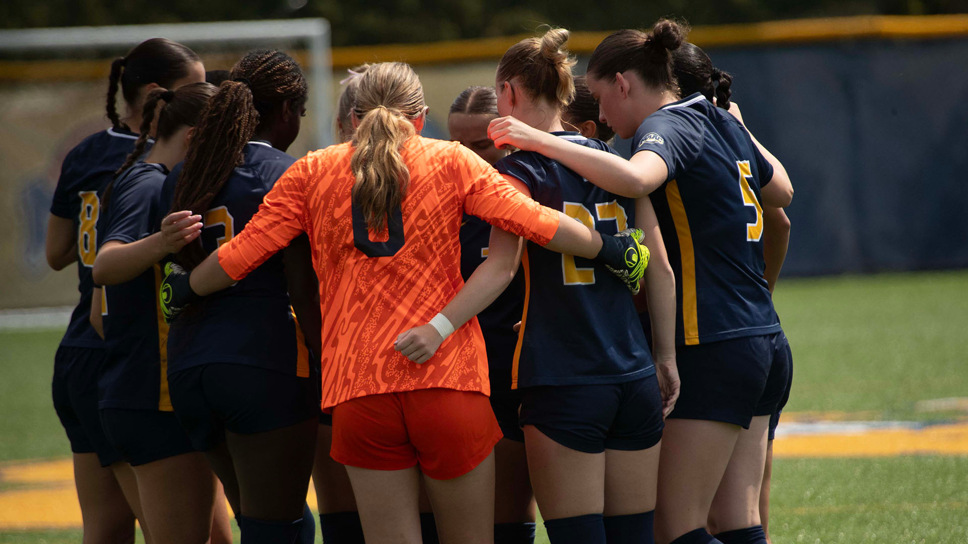 The Canisius women's soccer team huddles together before starting a home game against Iona on Sept. 27, 2025.