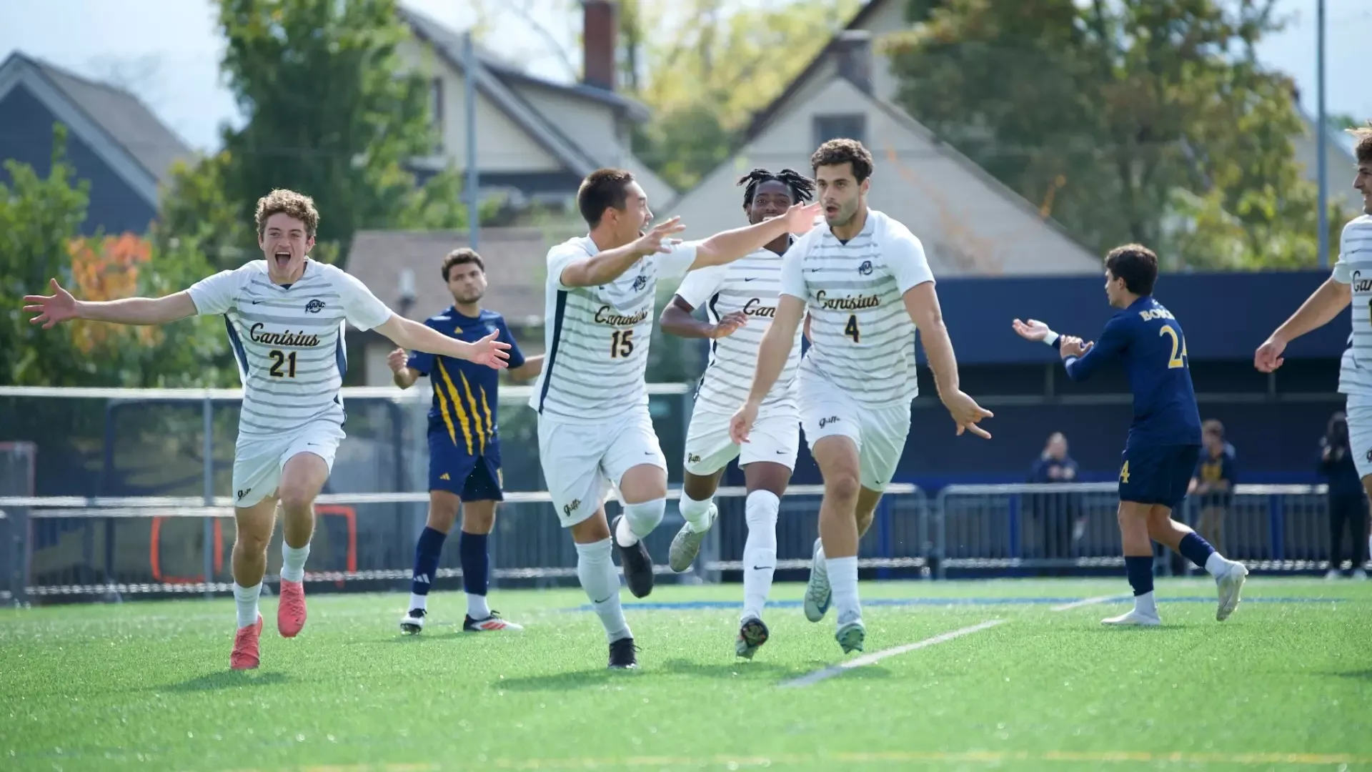 Henrique Dias celebrates his goal vs. Quinnipiac with teammates Gianni Angaran, Kiryl Dubins, and Glodie Mata on Oct. 11, 2025