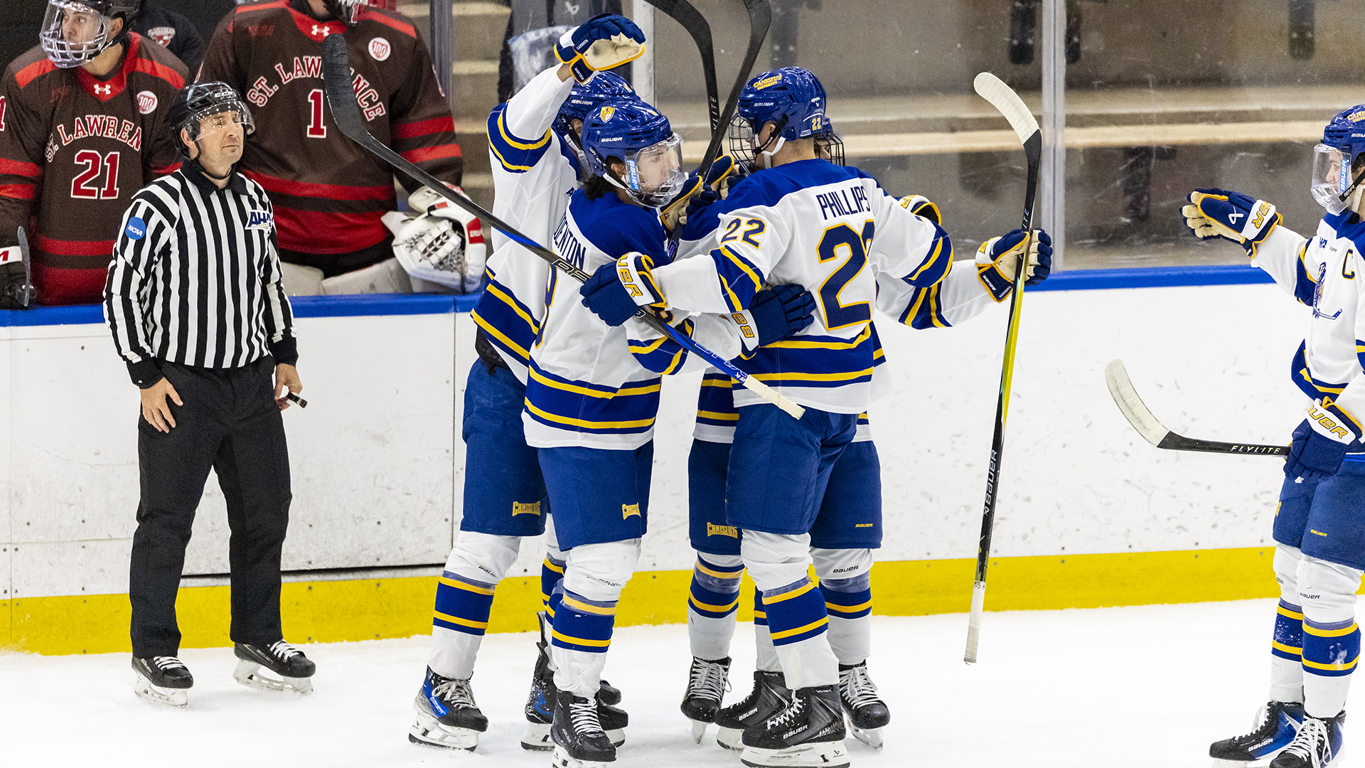 Members of the Canisius hockey team celebrate after scoring a goal versus St. Lawrence at LECOM Harborcenter on Oct. 10, 2025
