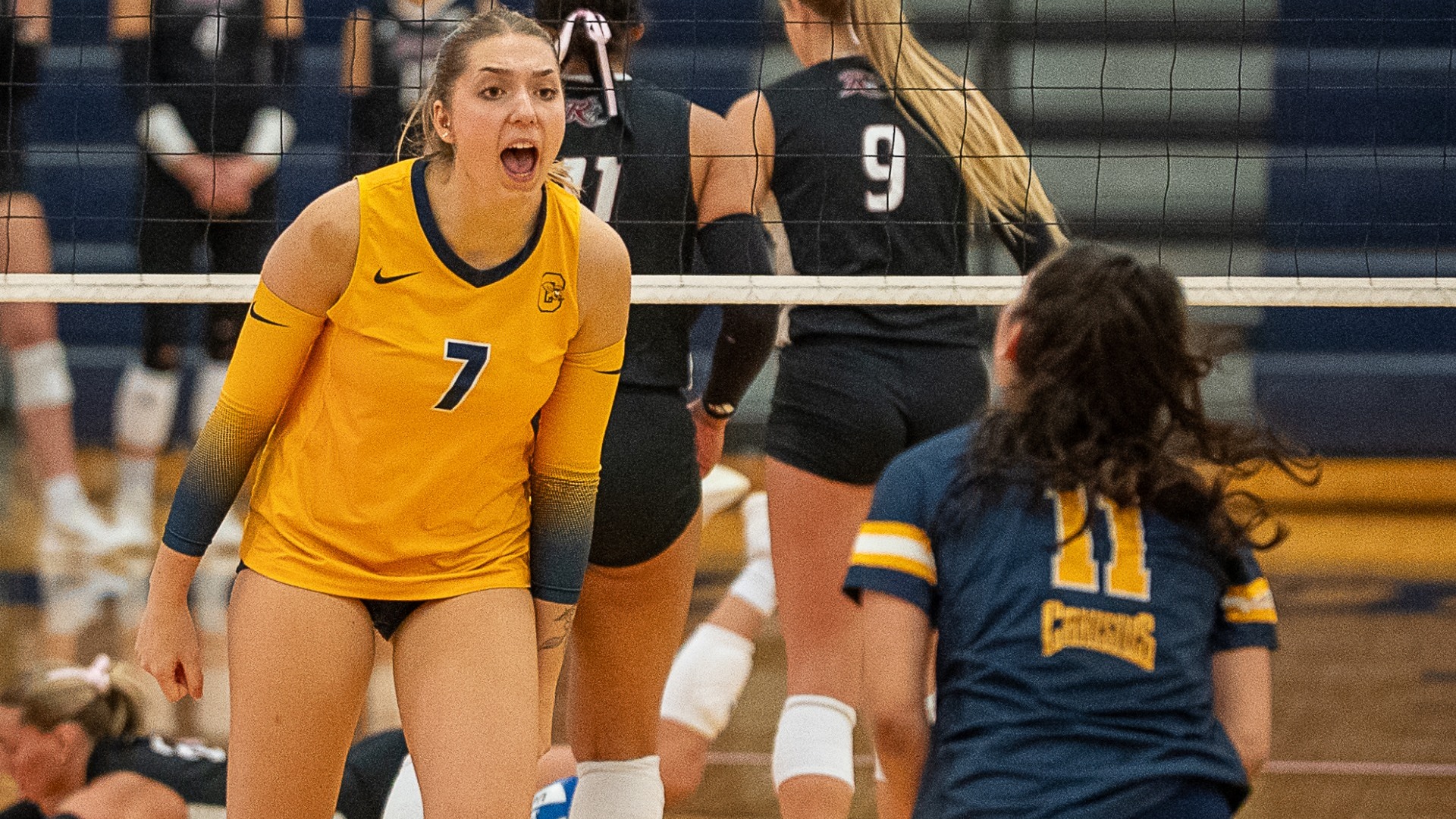 Julia Lenik celebrates a point with Brenda Reynaga in a 3-2 win vs Rider at the Koessler Athletic Center in Buffalo, N.Y. in Friday, October 17th 2025.