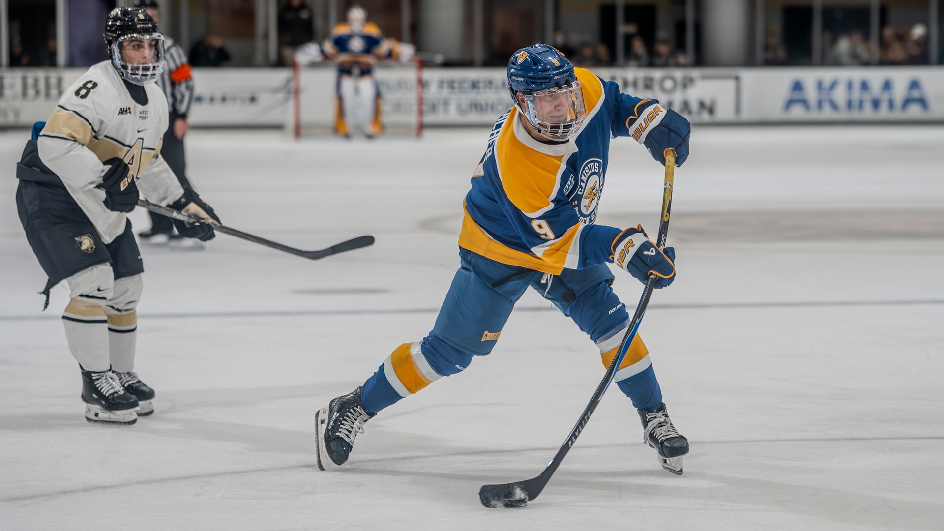 Canisius forward Walter Zacher shoots the puck during game action at Army on Oct. 14, 2025