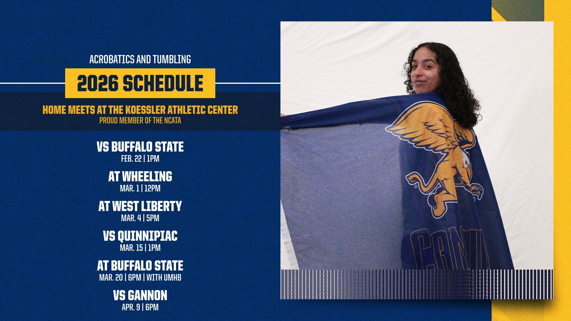 A graphic of the 2026 Acrobatics and Tumbling Schedule including meets against Buffalo State, Wheeling, West Liberty, and Quinnipiac.