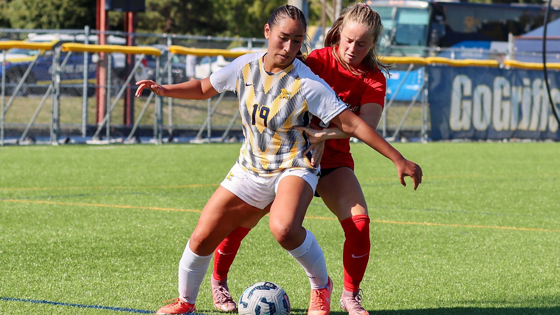 Canisius midfielder Nikki Silverman plays the ball with a Fairfield defender in close pursuit in game action at the Demske Sports Complex on Oct. 4, 2025