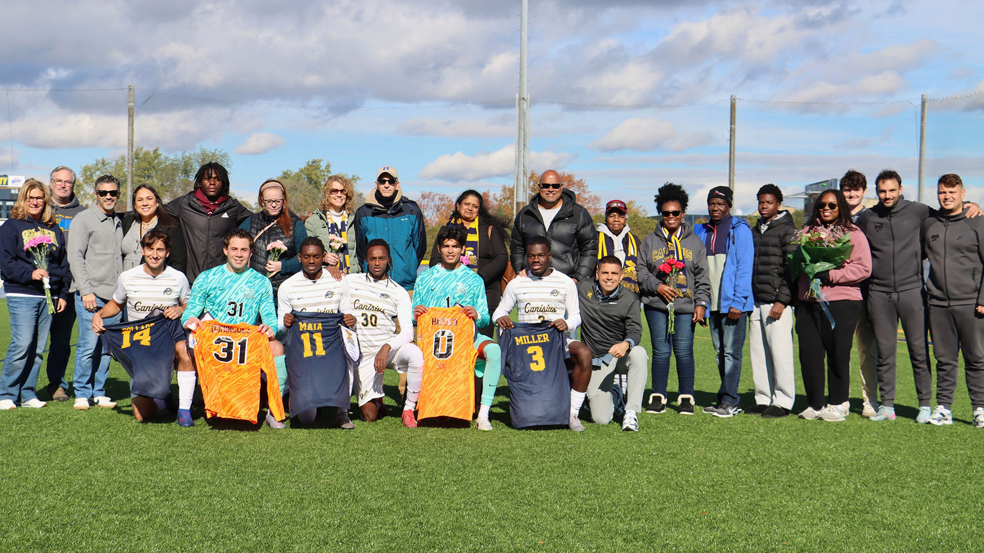 2025 Canisius Men's Soccer seniors and teammates celebrate Senior Day at the Demske Sports Complex.