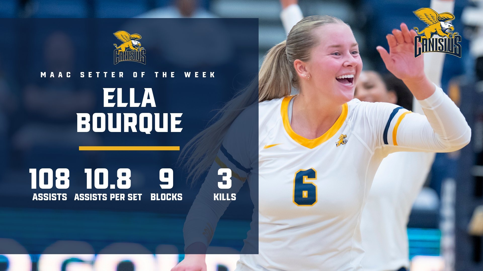 Ella Bourque Setter of the Week graphic displaying her getting 108 assists, averaging 10.8 per set.
