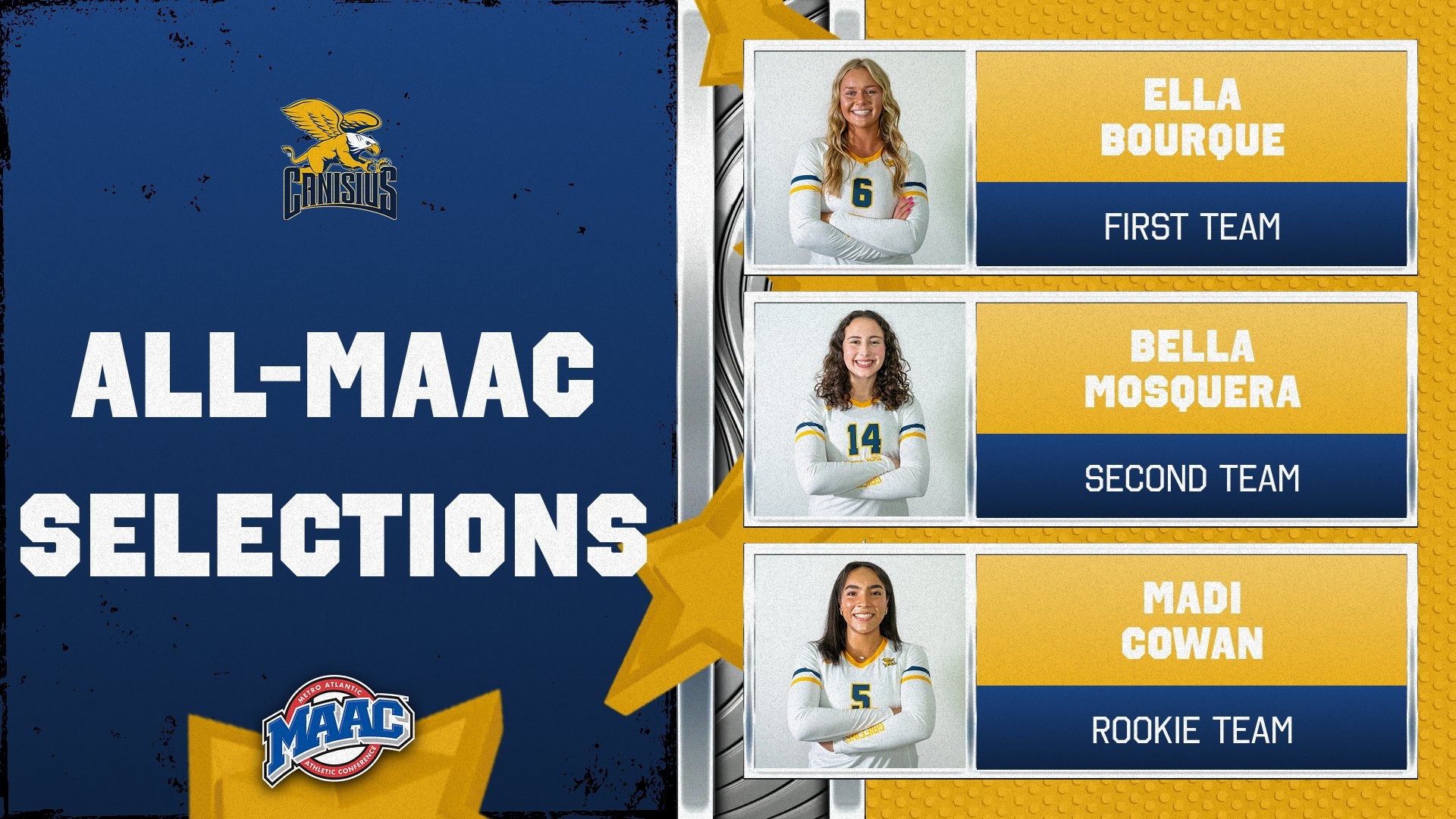 A graphic displaying Volleyball All-MAAC Selections including Ella Bourque (first team), Bella Mosquera (second team), Madi Cowan (rookie team)