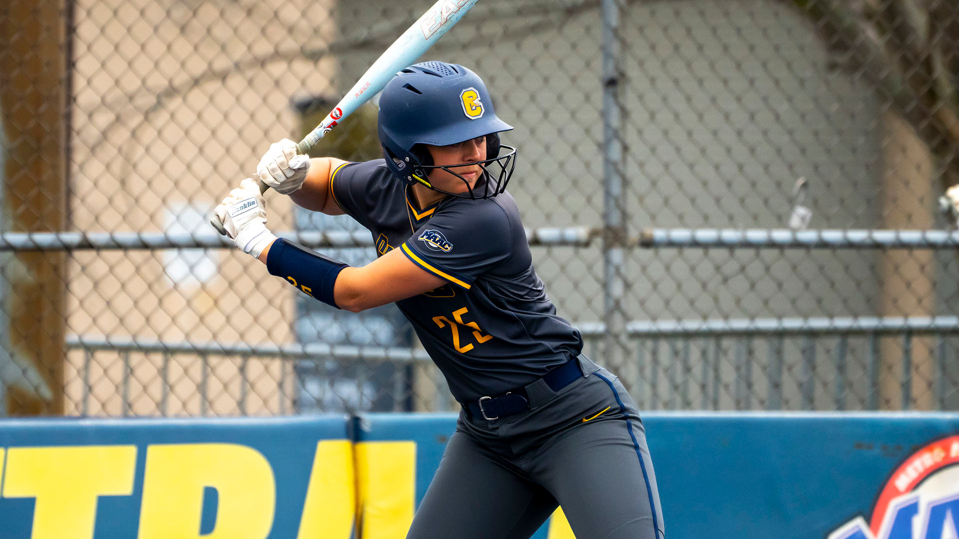 Rebecca Hai prepares to see a pitch to hit in a home softball games against Rider on April 4, 2025.