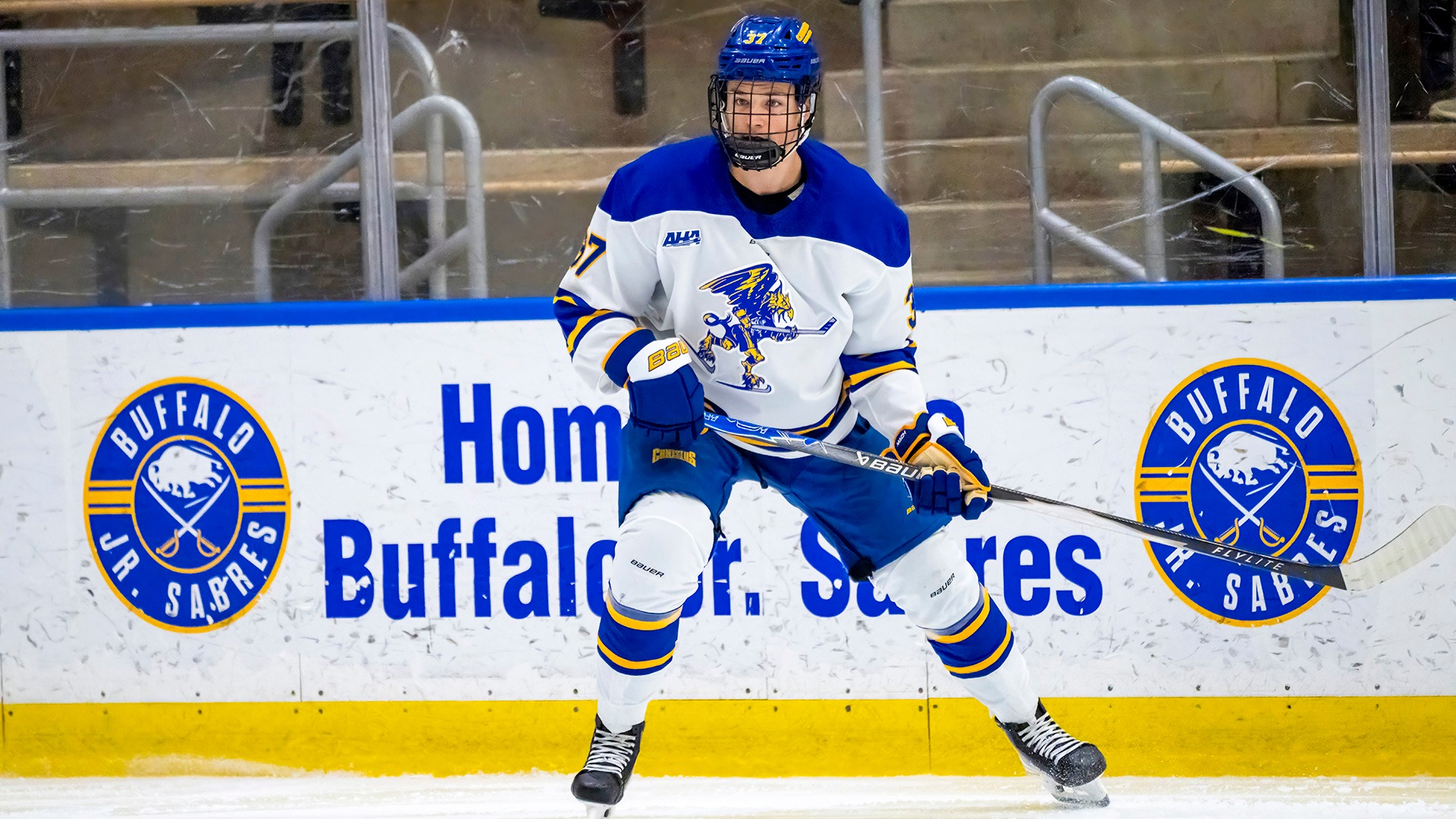 Canisius forward Hunter Andrew is shown skating during game action versus St. Lawrence at LECOM Harborcenter on Oct. 5, 2025