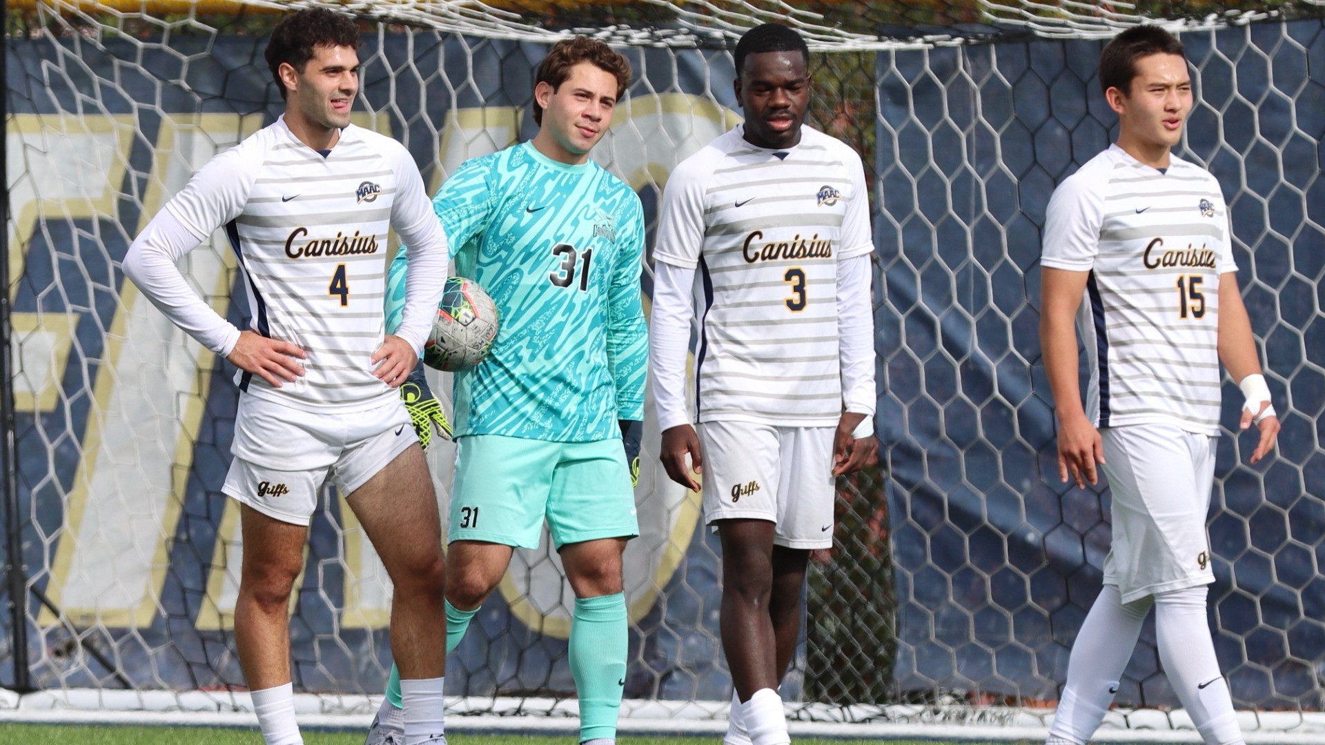 Henrique Dias, Josh Miler, Dom Dominguez and Kiryl Dubins prepare for a corner kick vs. Merrimack on Nov. 1, 2025