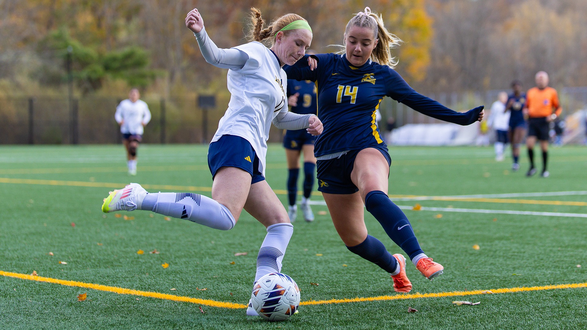 Canisius defender Elizabeth Cavanaugh defends against a Quinnipiac attacker in game action at the Quinnipiac Soccer and Lacrosse Stadium on Nov. 6, 2025