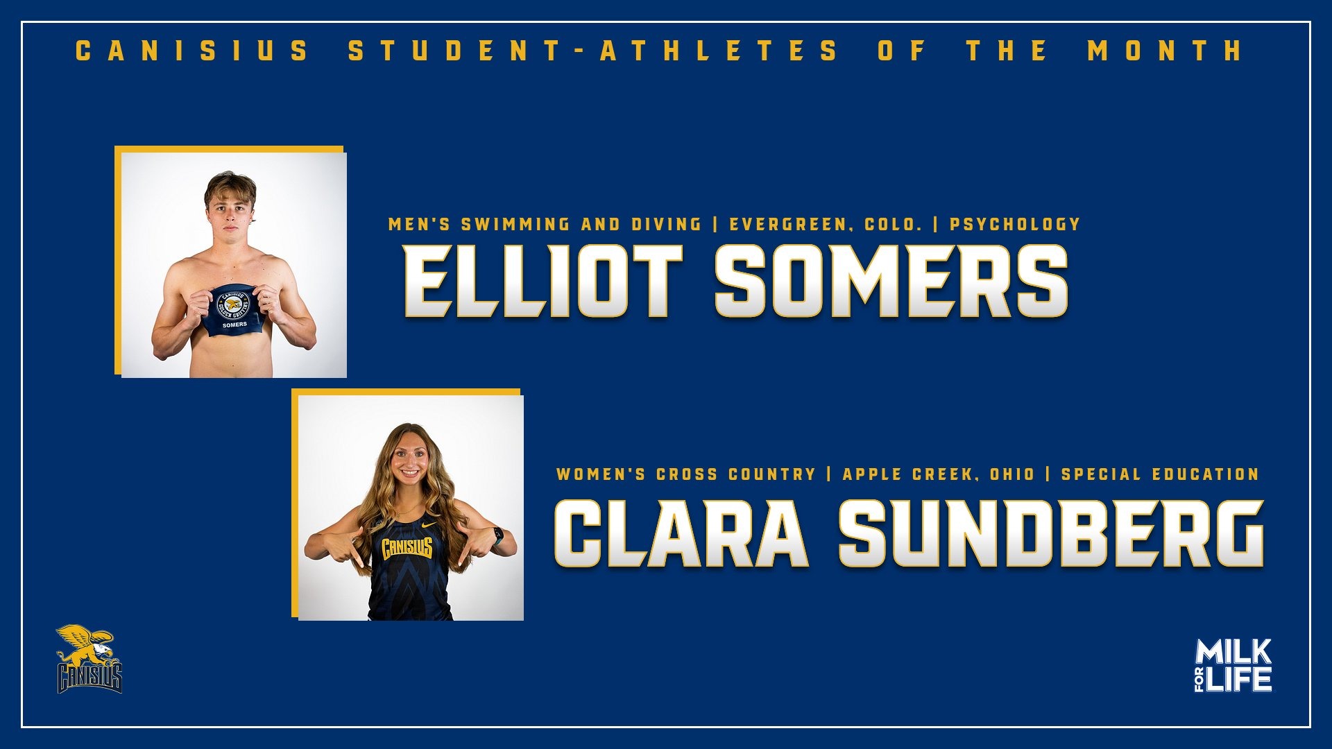 Graphic featuring Canisius student-athletes of the month for october Elliot Somers from Canisius men's swimming and diving and Claire Sundberg from Women's Cross Country