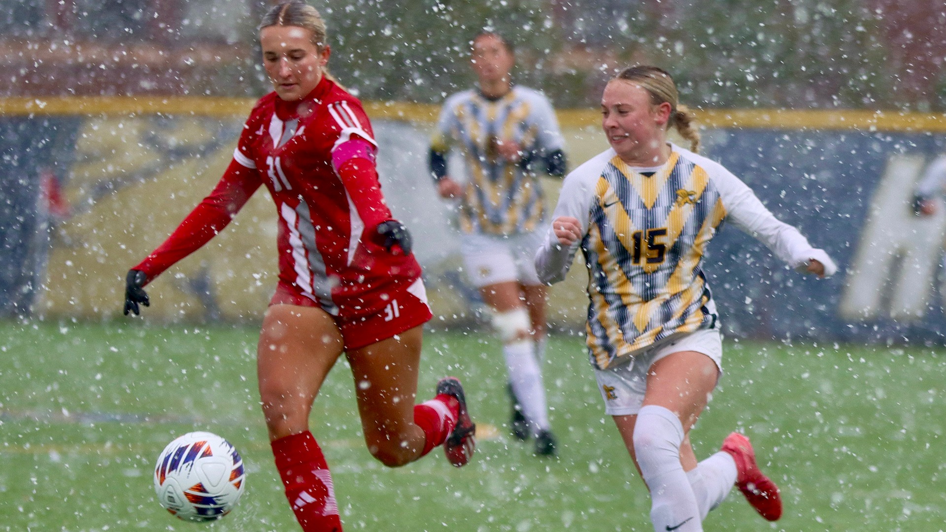 Canisius forward Ailis Osmond battles Sacred Heart's Martyna Krzysztopik during game action in the 2025 MAAC Women's Soccer Championship at the Demske Sports Complex on Nov. 9, 2025