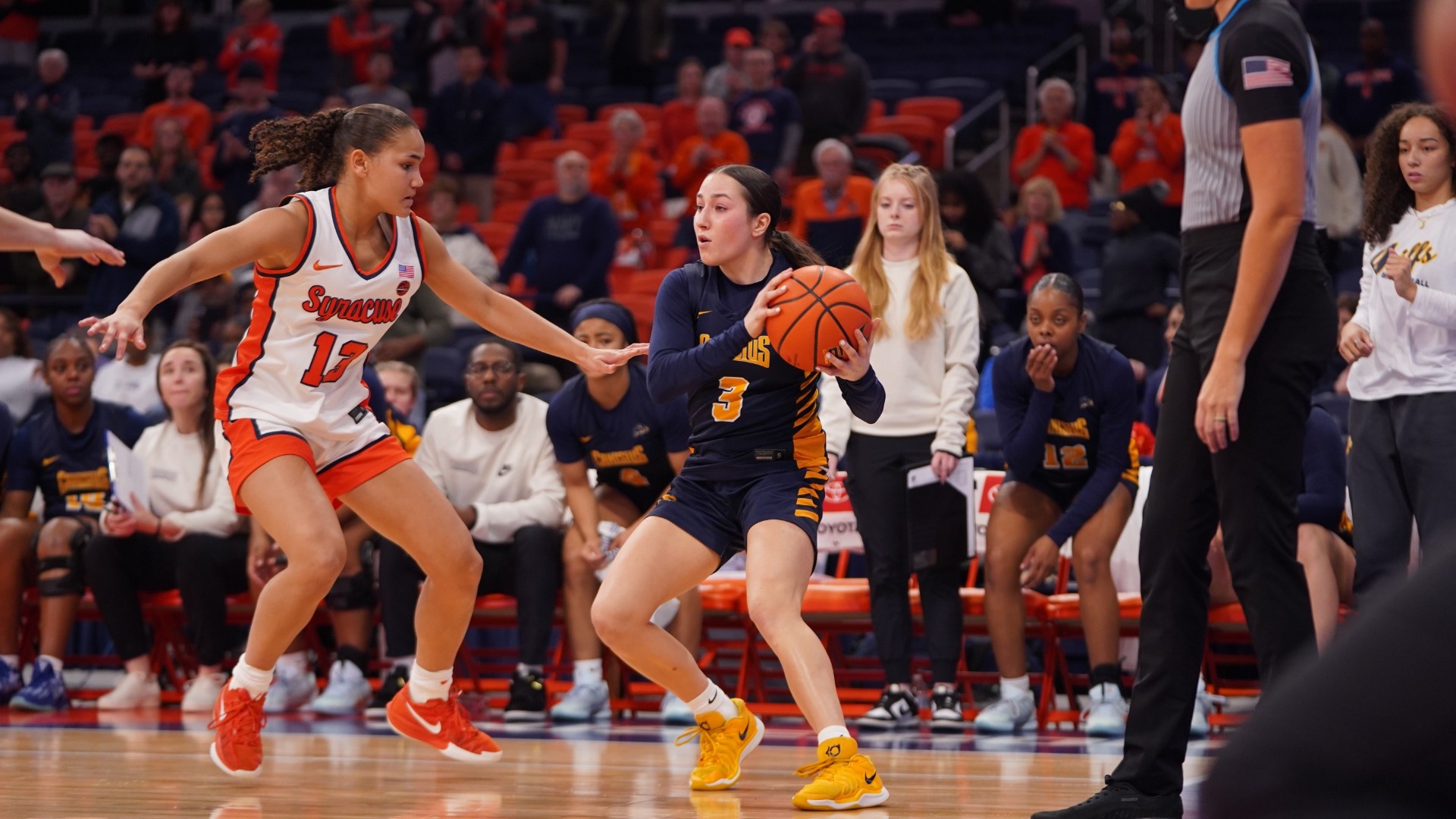 Mary Copple holds a ball vs Syracuse inside the JMA Wireless Dome on Nov. 11 2025.