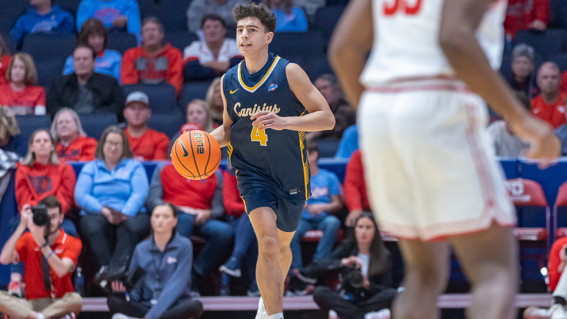 Nicco DiGiulio brings the ball up the floor against Dayton on Nov. 3, 2025.